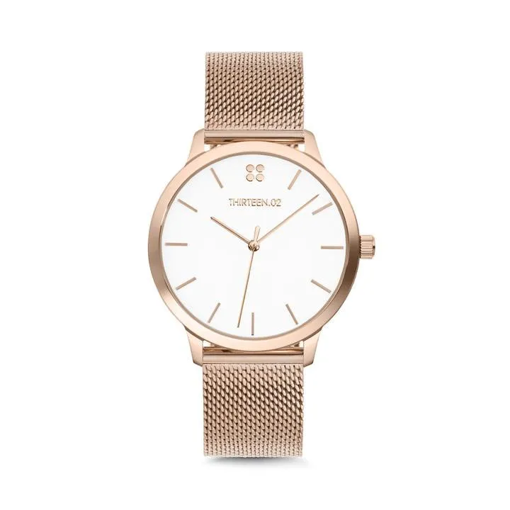 1302 Rose Gold Case/White Dial Rose Mesh Band Watch