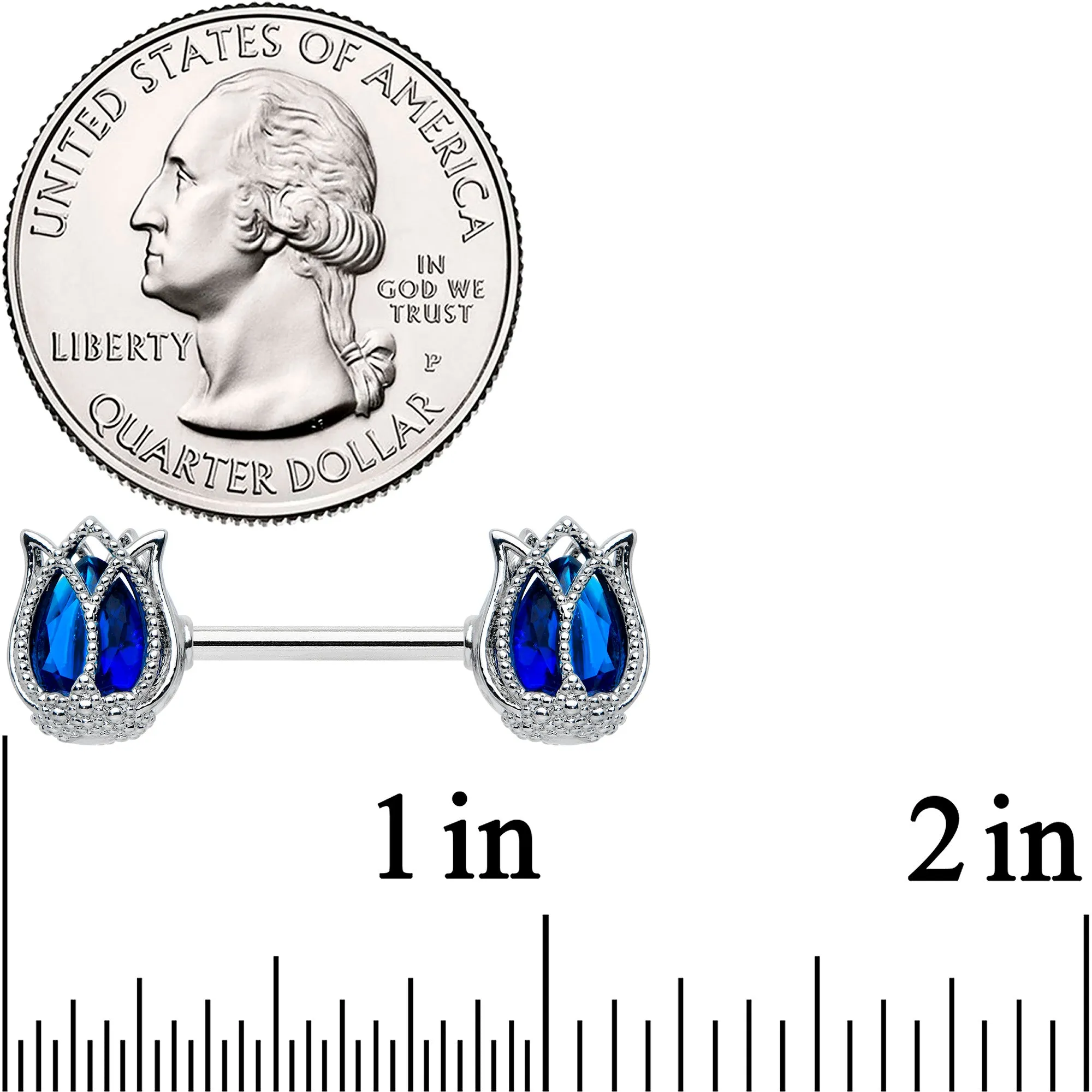 14 Gauge 9/16 Blue Gem Tulip Flower Barbell Nipple Ring Set