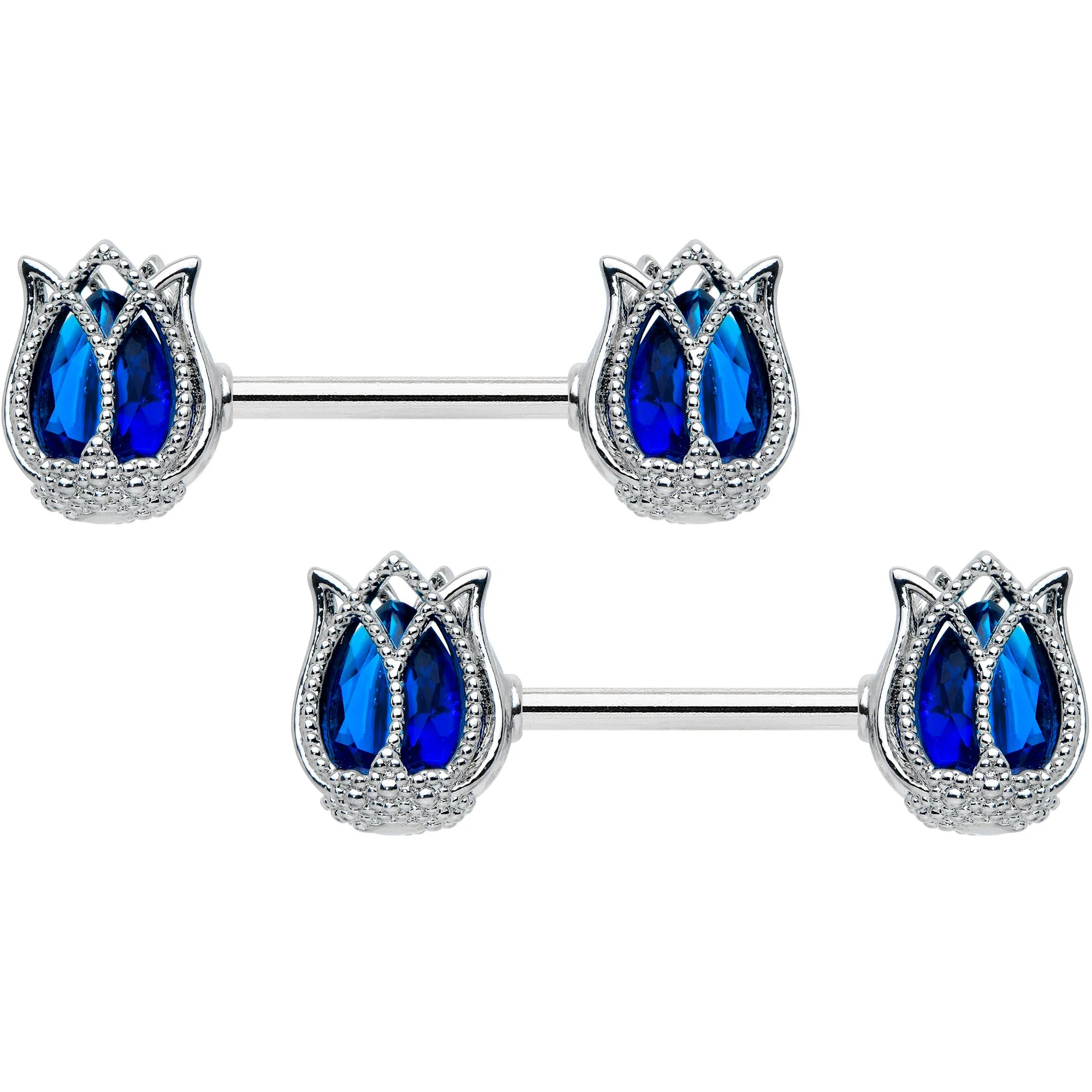 14 Gauge 9/16 Blue Gem Tulip Flower Barbell Nipple Ring Set