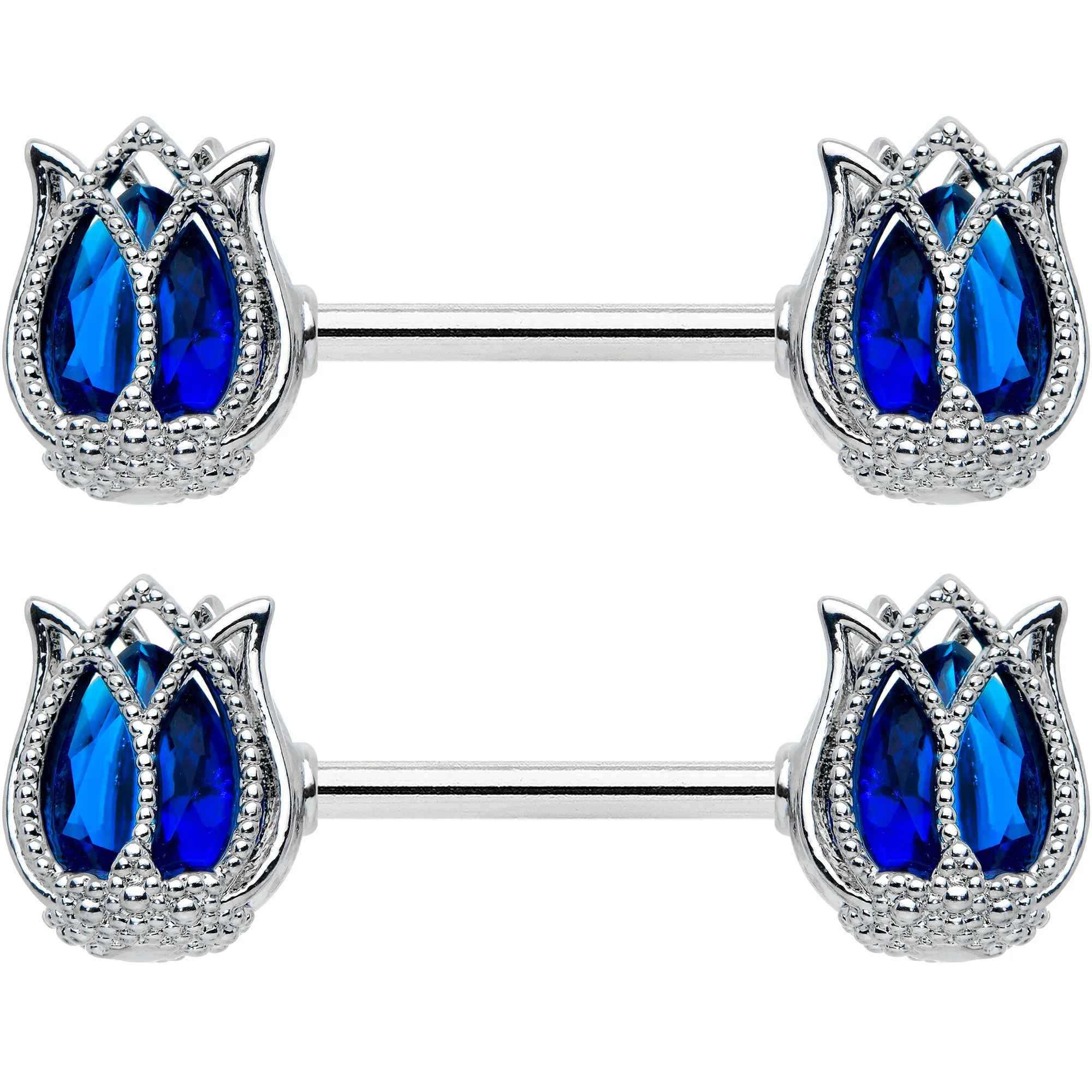 14 Gauge 9/16 Blue Gem Tulip Flower Barbell Nipple Ring Set