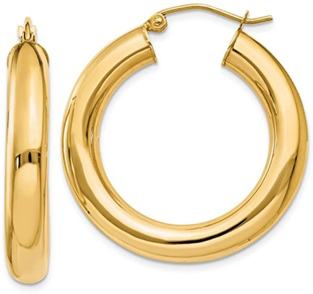 14K Solid Yellow Gold Classic Hoops Earrings-Fine 5mm Jewelry For Women