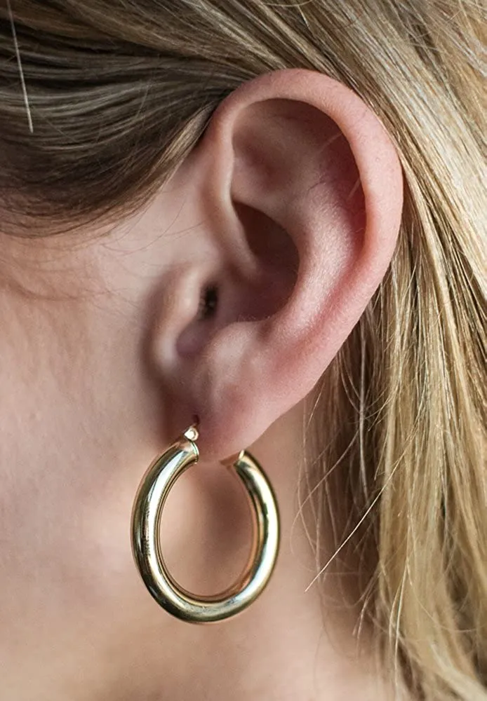 14K Solid Yellow Gold Classic Hoops Earrings-Fine 5mm Jewelry For Women