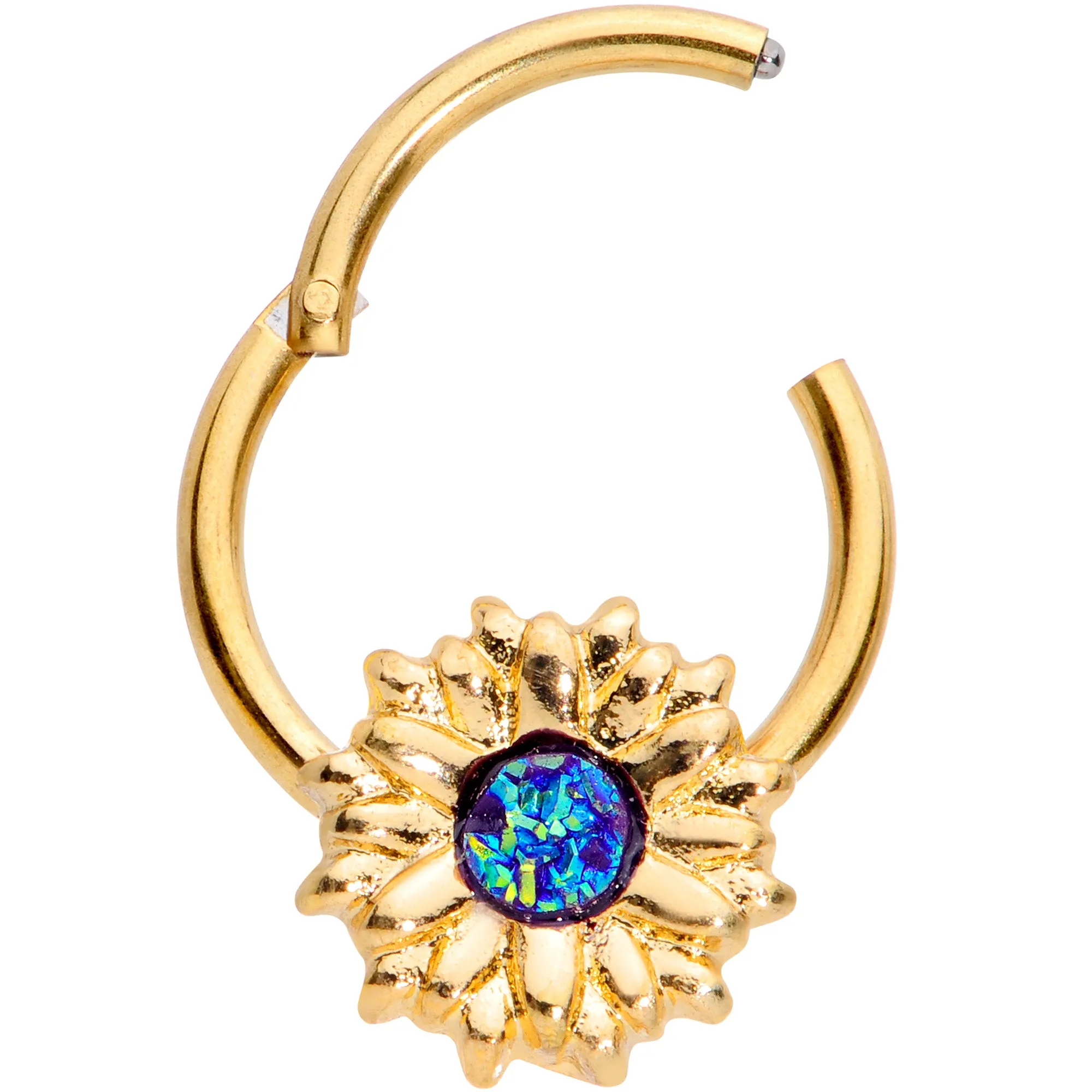 16 Gauge 3/8 Gold Tone Blue Center Sunflower Hinged Segment Ring
