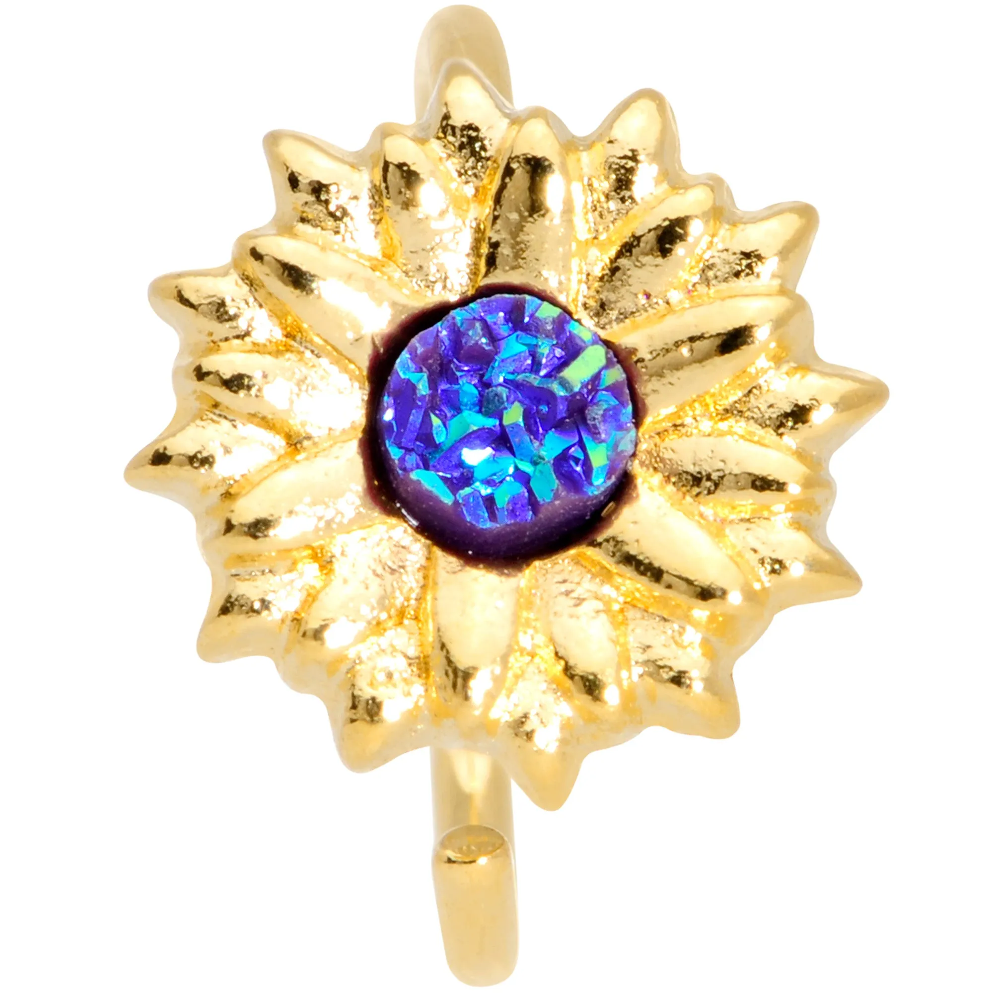 18 Gauge 3/8 Gold Tone Blue Center Sunflower Nose Hoop