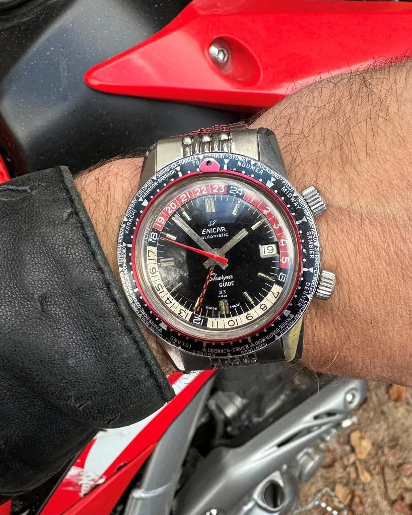 1964 Enicar Sherpa Guide 33 GMT World Time Mens Pilots Compressor Watch, Extra Large Size - Stainless Steel
