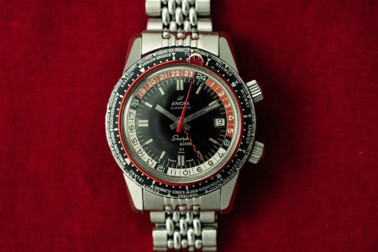 1964 Enicar Sherpa Guide 33 GMT World Time Mens Pilots Compressor Watch, Extra Large Size - Stainless Steel