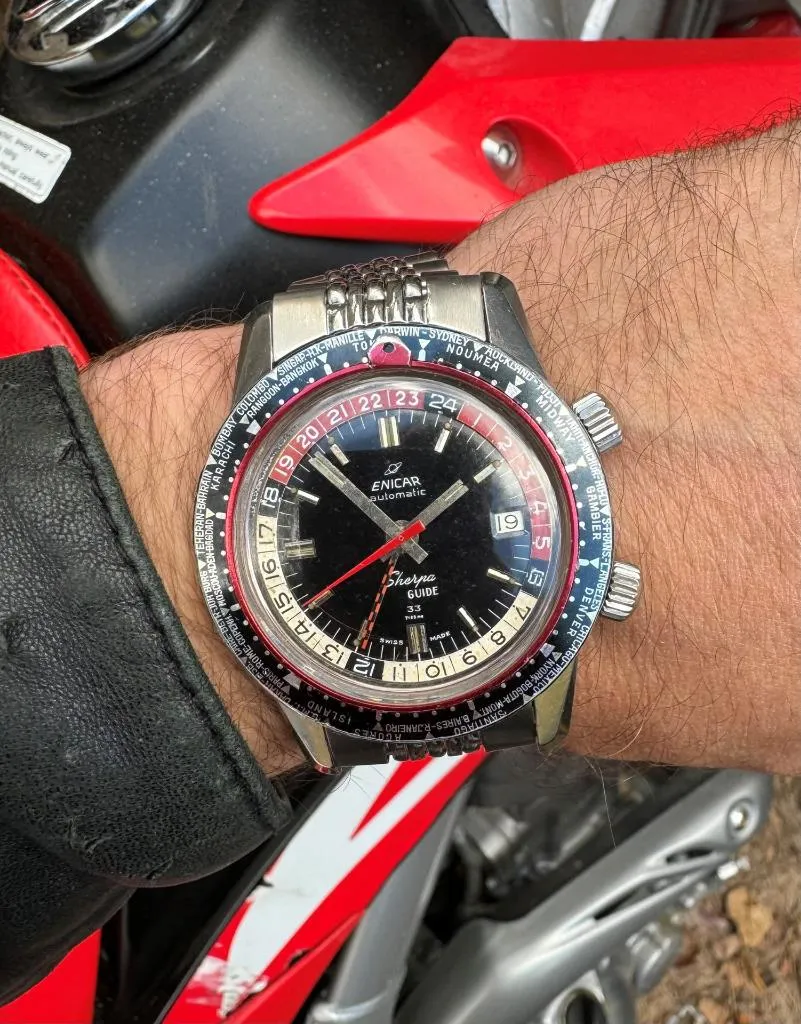 1964 Enicar Sherpa Guide 33 GMT World Time Mens Pilots Compressor Watch, Extra Large Size - Stainless Steel