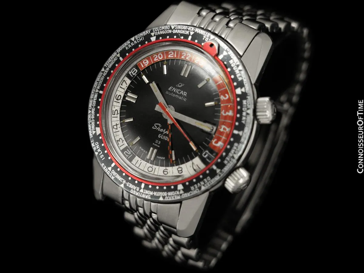1964 Enicar Sherpa Guide 33 GMT World Time Mens Pilots Compressor Watch, Extra Large Size - Stainless Steel