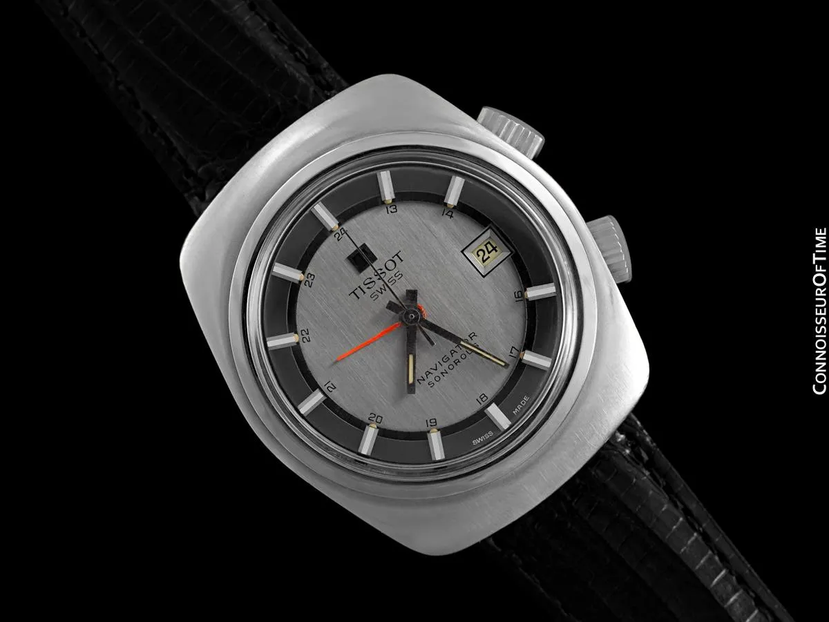 1974 Tissot Navogator Sonorous Classic Full Size Mens Alarm Reveil Watch - Stainless Steel
