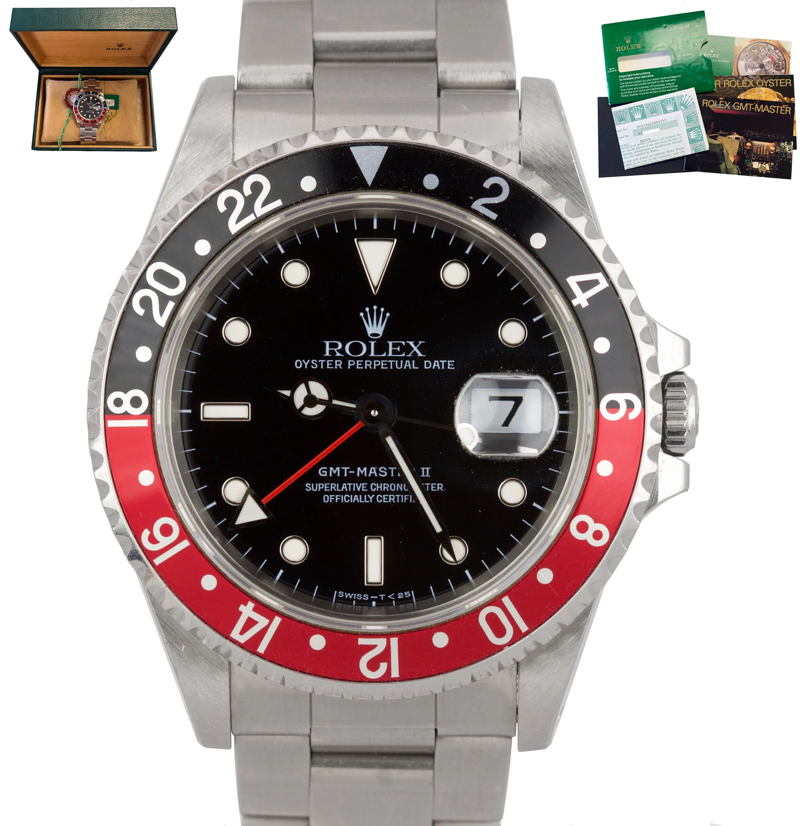 1997 UNPOLISHED Rolex GMT-Master II Coke GREEN STICKER TRITIUM 16710 FULL SET