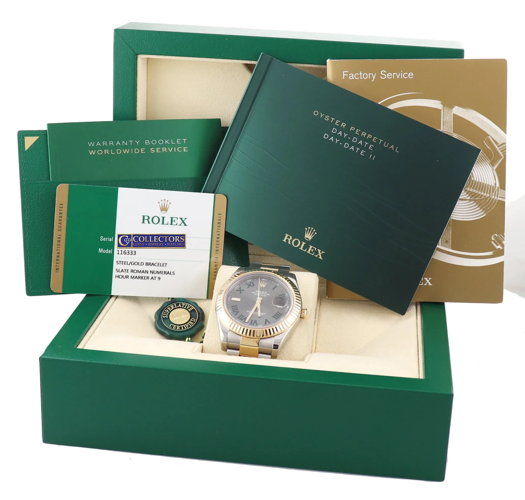 2014 PAPERS Rolex Datejust 2 Wimbledon Slate Roman 116333 Two Tone Gold Watch