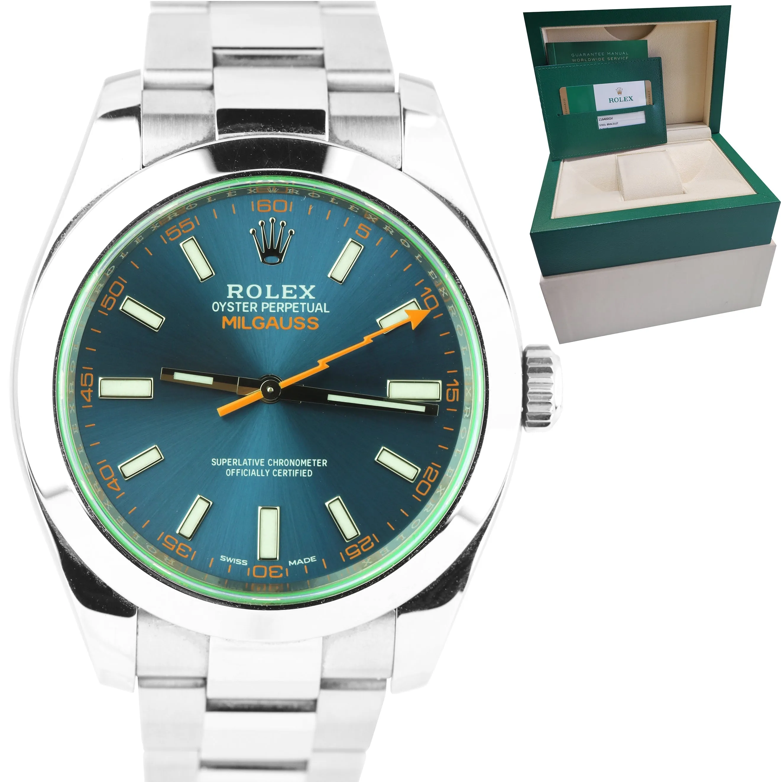 2015 Rolex Milgauss Z-Blue Green Anniversary 40mm 116400 GV Stainless Watch B P