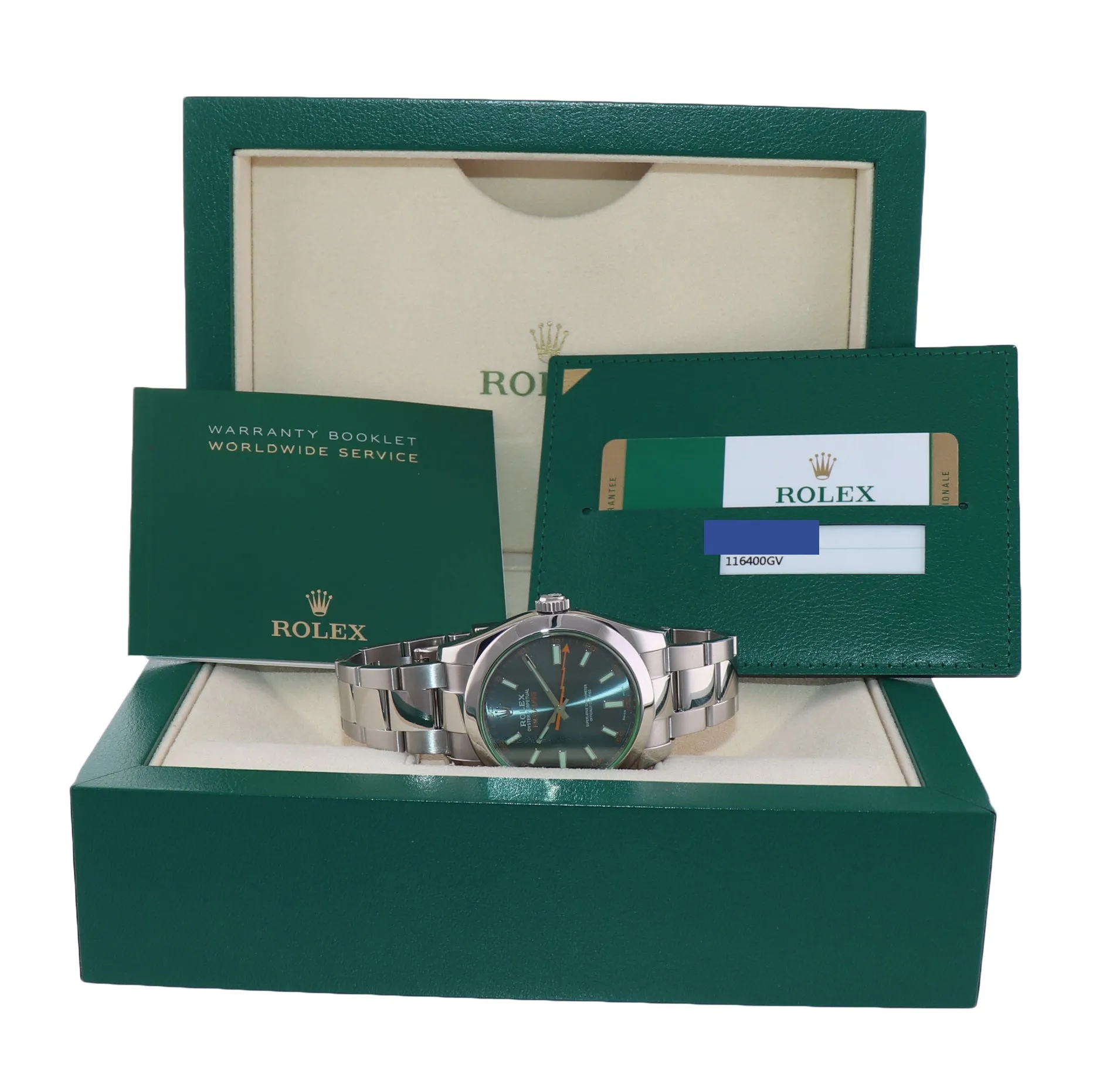 2017 PAPERS Rolex Milgauss Blue Dial Anniversary Green 116400GV Steel Watch Box