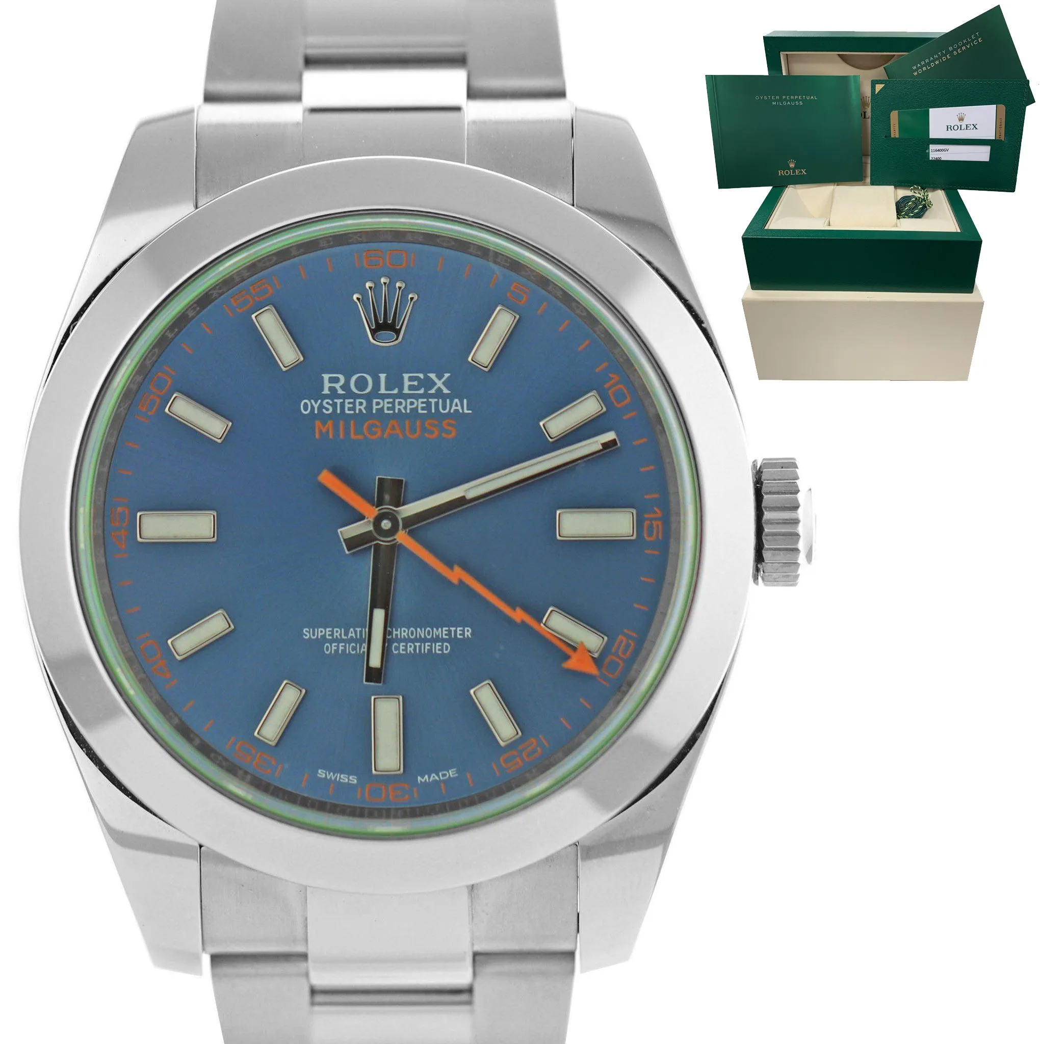 2018 MINT Rolex Milgauss Z-Blue Green Anniversary 40mm 116400 GV Stainless Watch