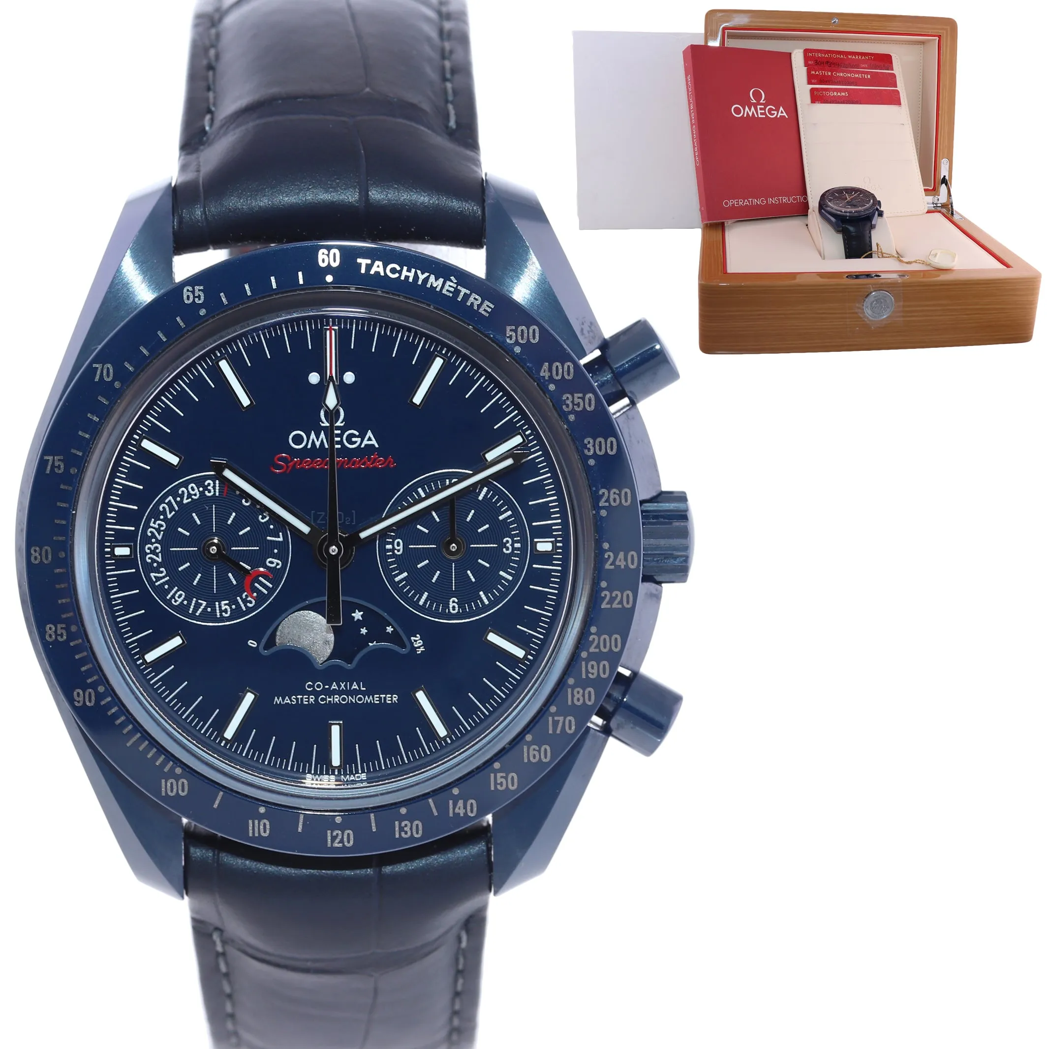 2018 UNWORN Omega Speedmaster Moonphase 304.93.44.52.03.001 Blue Side Moon Watch