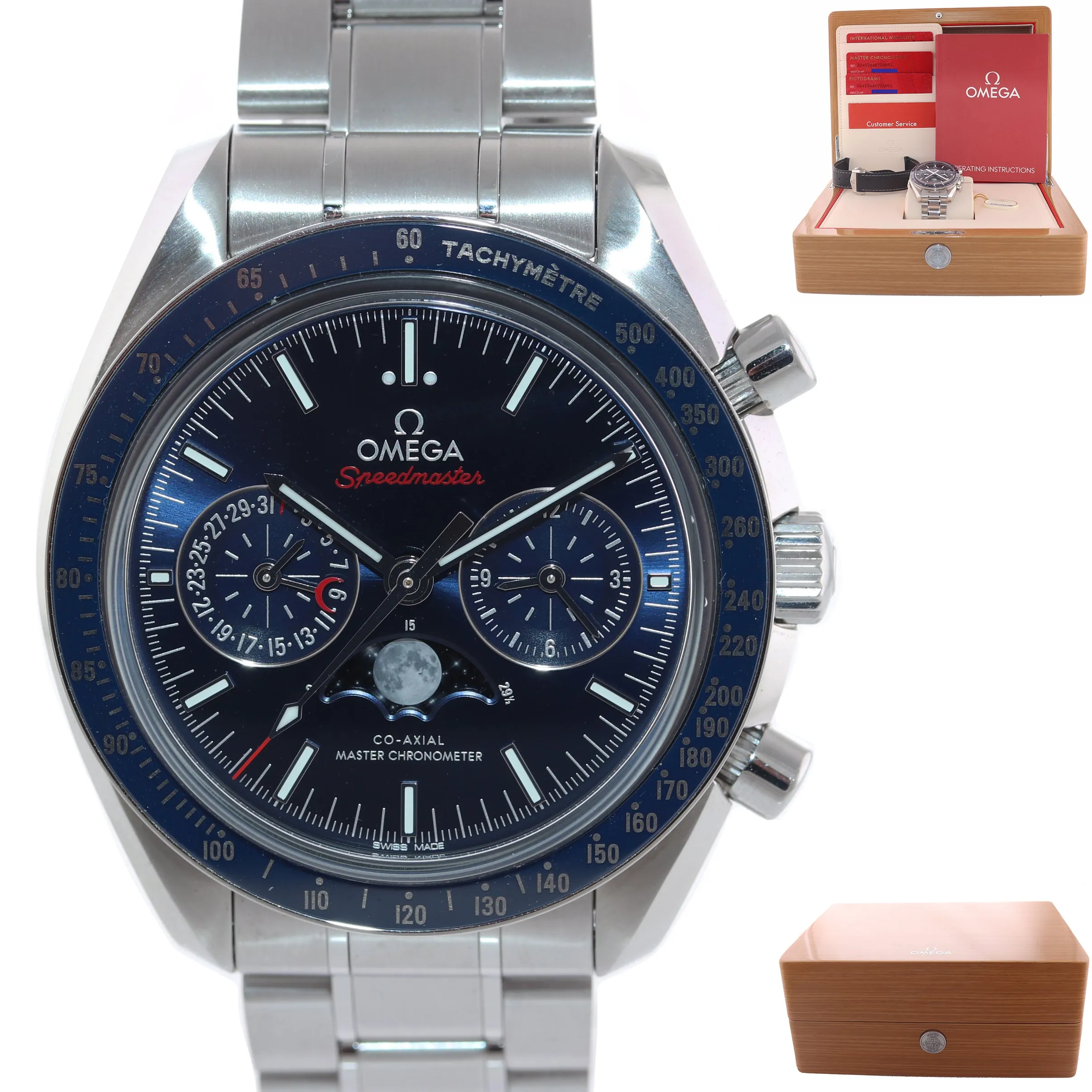 2020 PAPERS Omega Speedmaster Moonphase 304.33.44.52.03.001 Steel Blue Watch