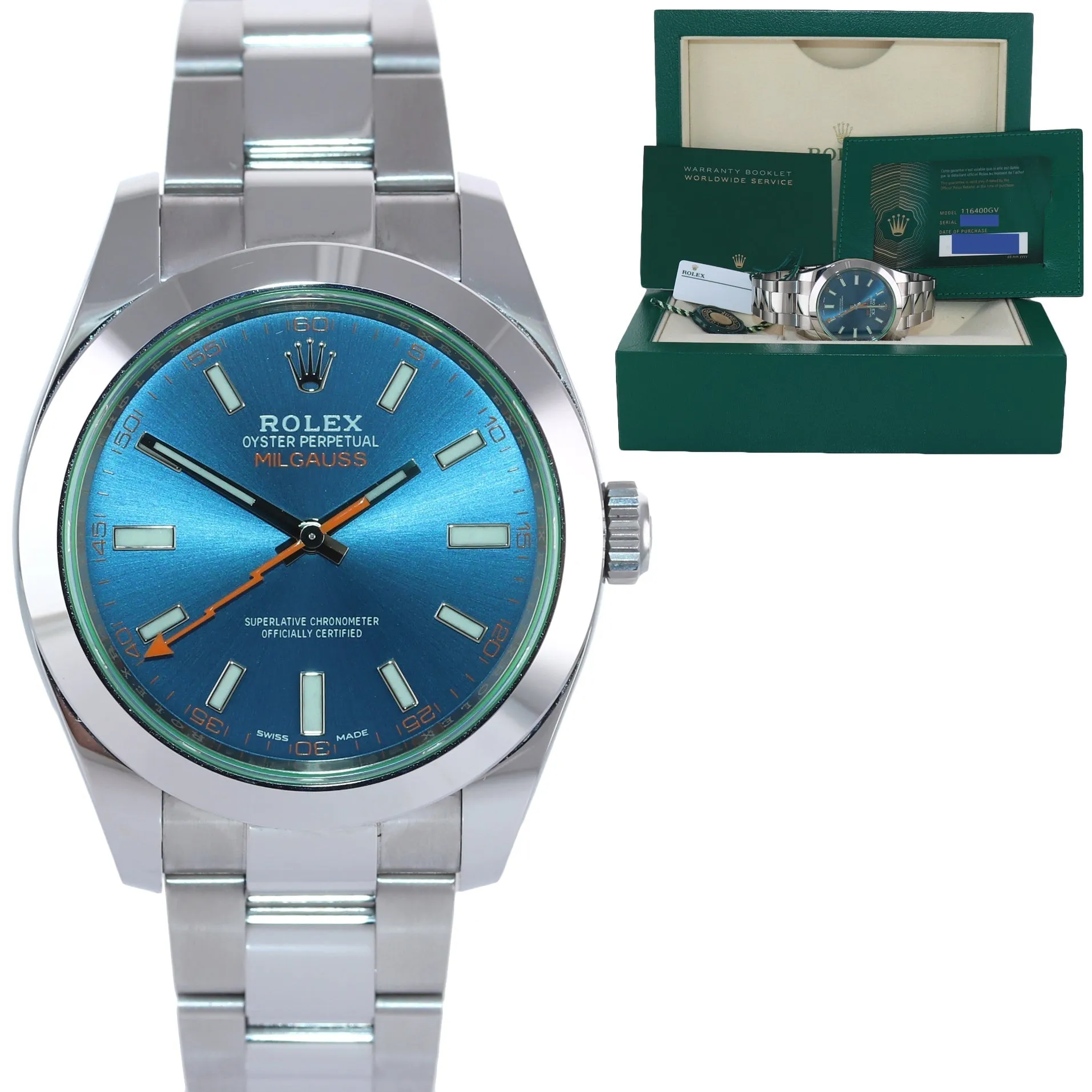 2020 Papers Rolex Milgauss Blue Anniversary Green 116400GV Steel 40mm Watch Box