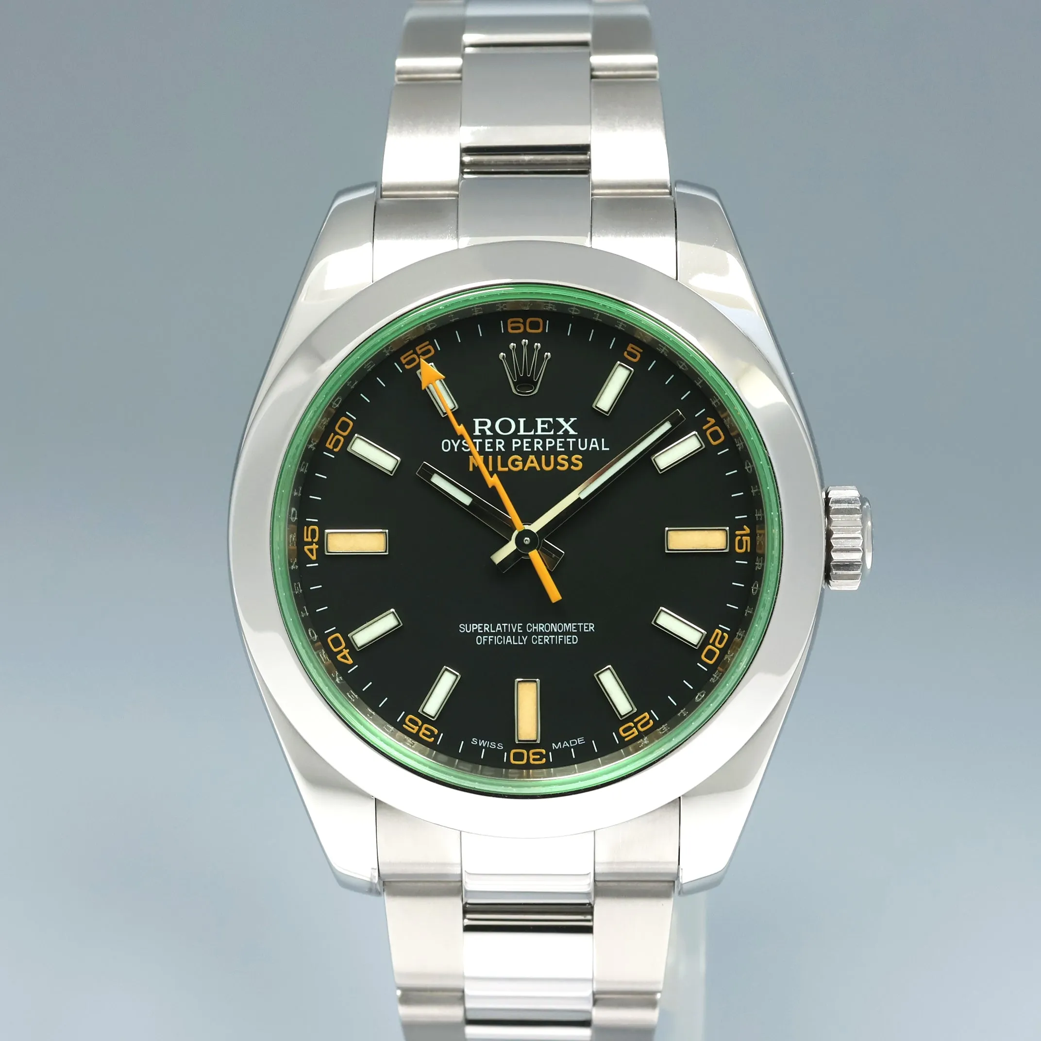 2021 MINT Rolex Milgauss Green Anniversary Orange Black 116400 GV Steel Watch Box