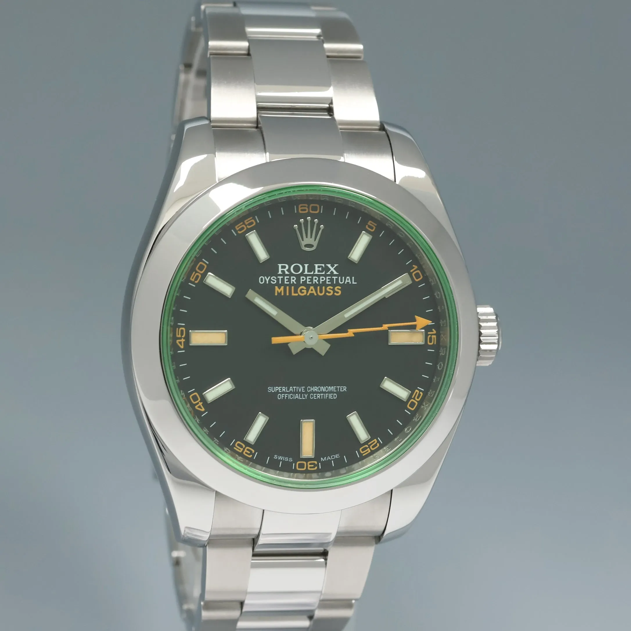 2021 MINT Rolex Milgauss Green Anniversary Orange Black 116400 GV Steel Watch Box
