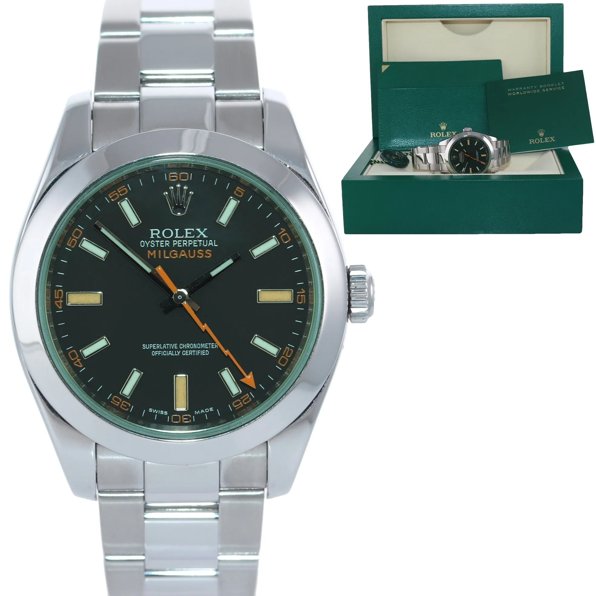 2021 MINT Rolex Milgauss Green Anniversary Orange Black 116400GV Steel Watch Box