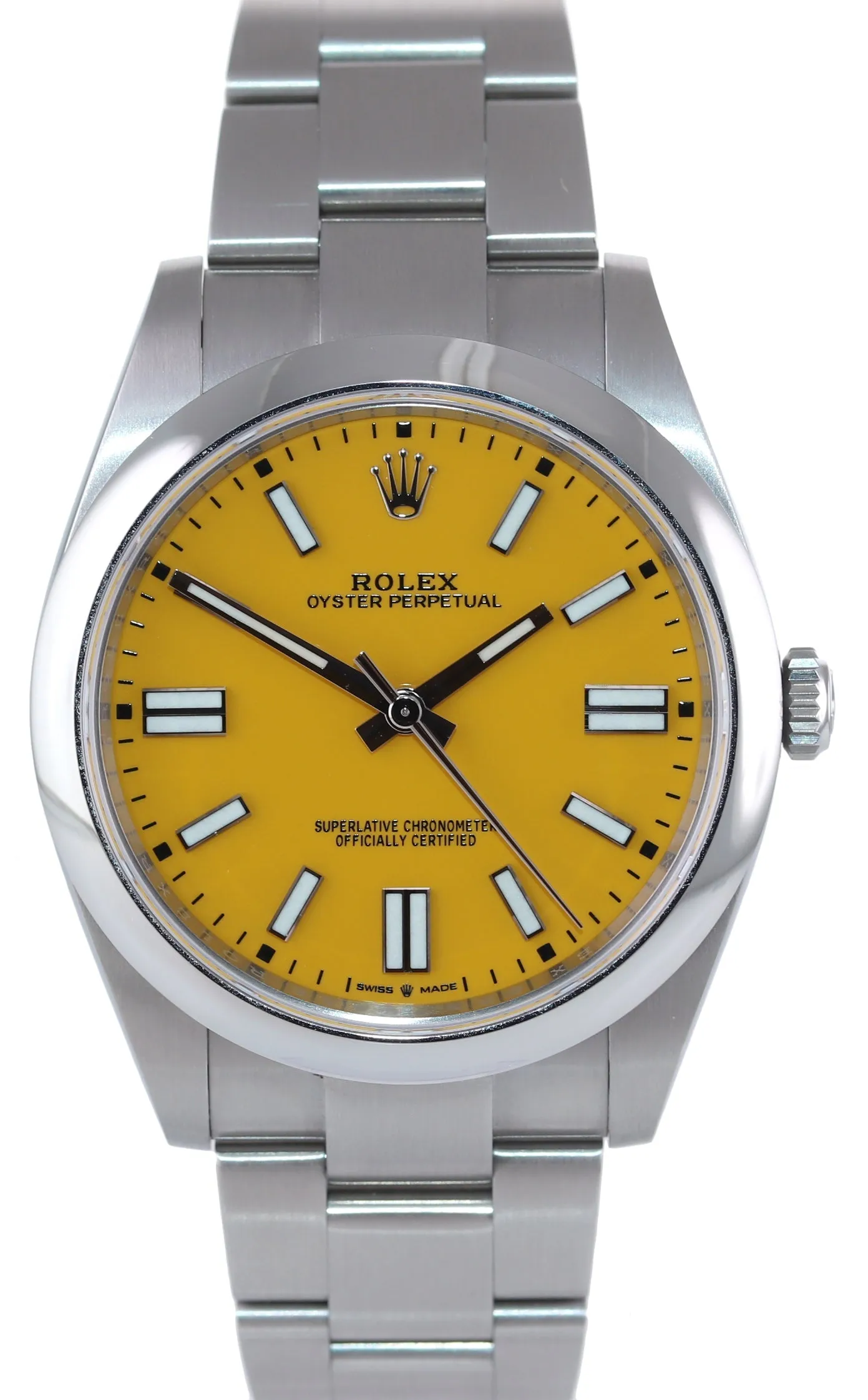 2021 PAPERS Rolex Oyster Perpetual 41mm Yellow Stick Oyster Watch 124300 Box