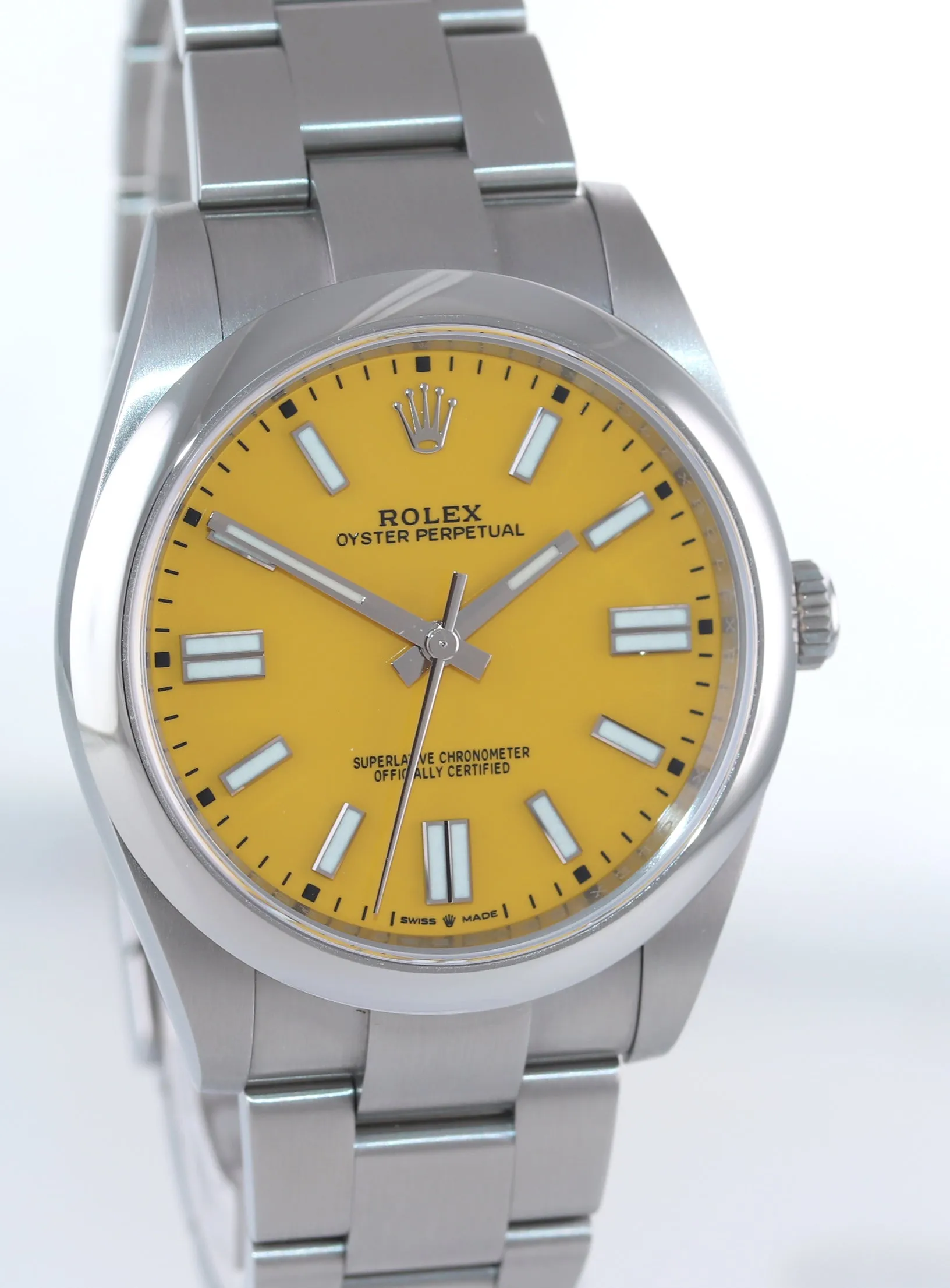 2021 PAPERS Rolex Oyster Perpetual 41mm Yellow Stick Oyster Watch 124300 Box