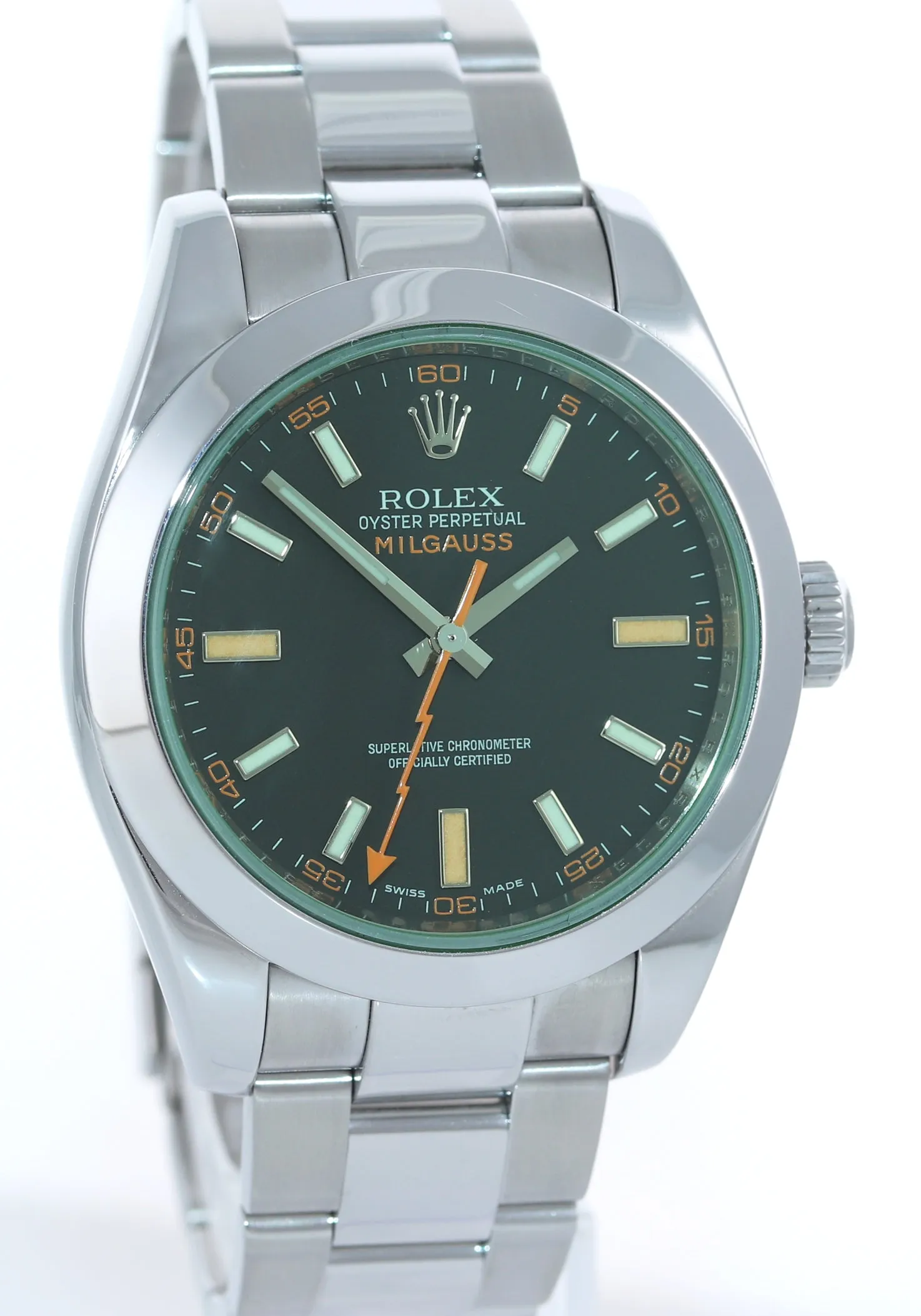 2022 MINT Rolex Milgauss Green Anniversary Orange Black 116400 GV Steel Watch Box
