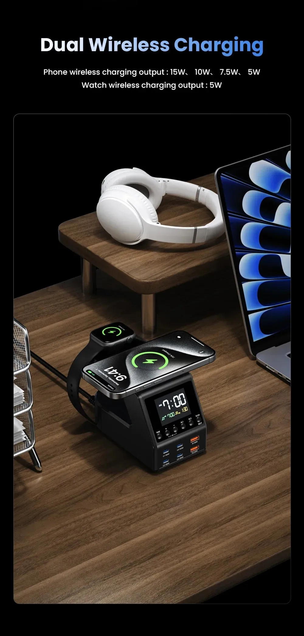 240W 10-in-1 GaN Multi-Function Smart Charging Station and Digital Clock 4 USB Type C 2 USB 2 Wireless Charging Digital Clock