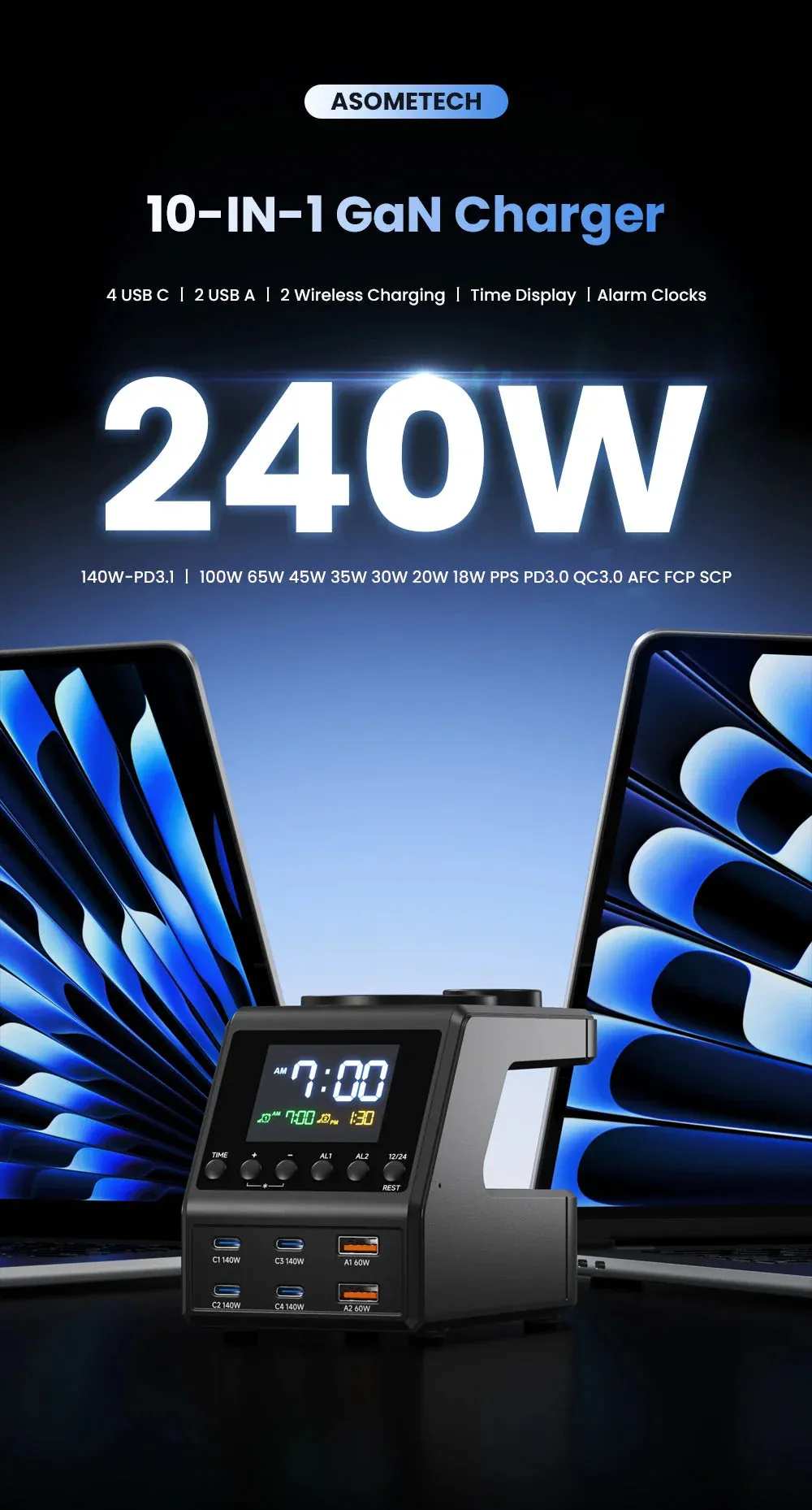 240W 10-in-1 GaN Multi-Function Smart Charging Station and Digital Clock 4 USB Type C 2 USB 2 Wireless Charging Digital Clock