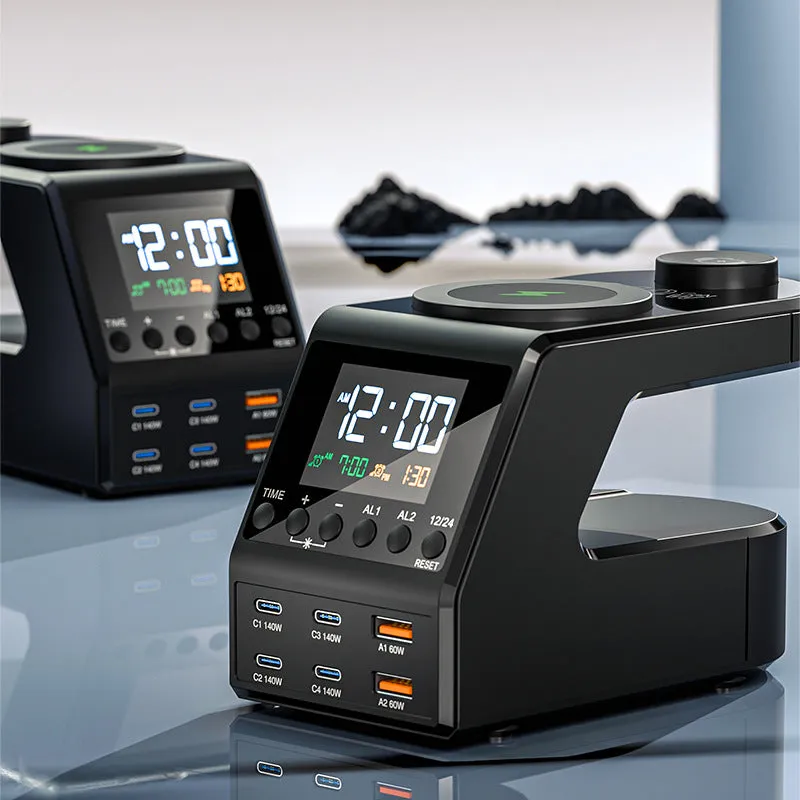 240W 10-in-1 GaN Multi-Function Smart Charging Station and Digital Clock 4 USB Type C 2 USB 2 Wireless Charging Digital Clock