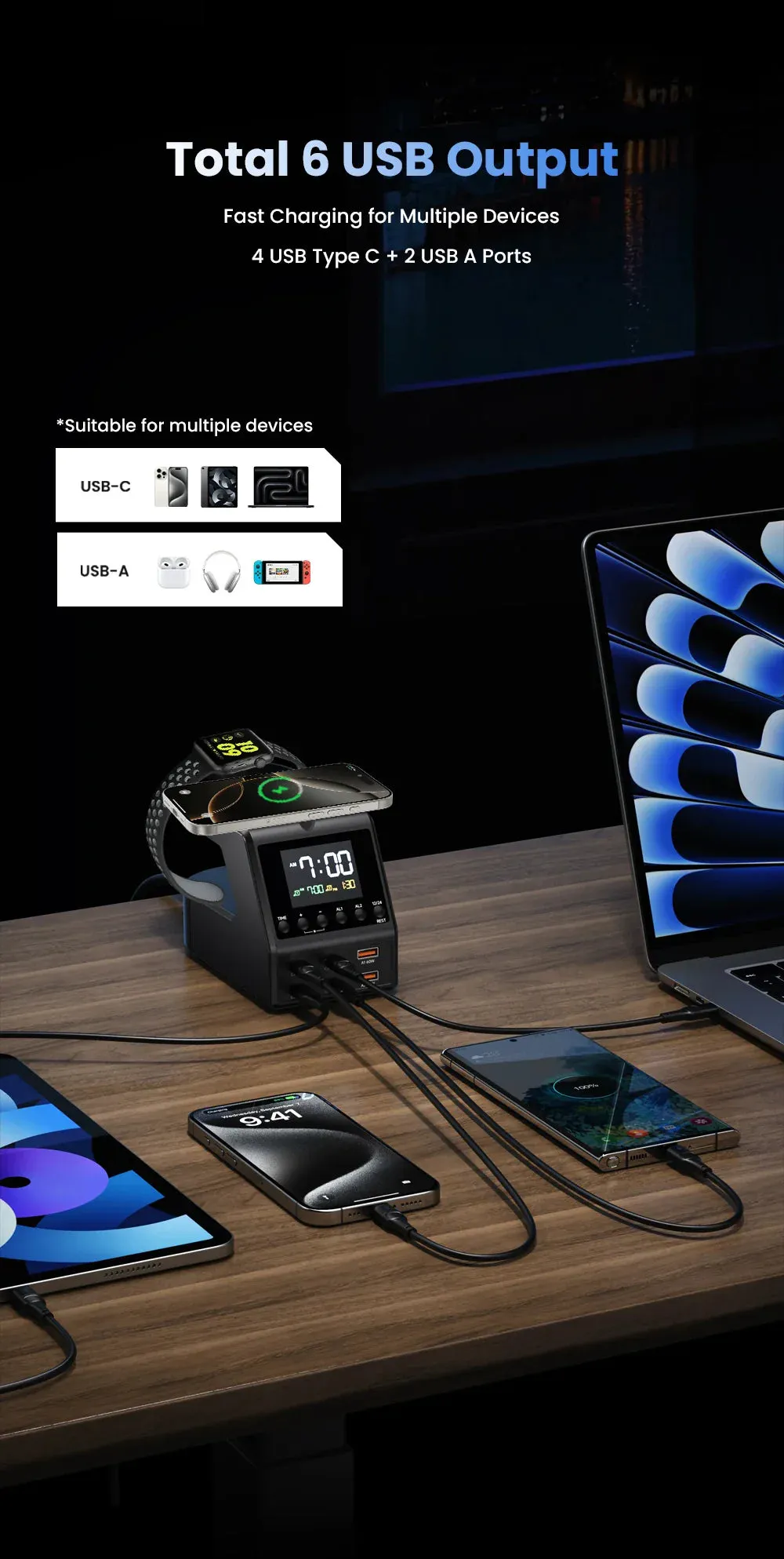 240W 10-in-1 GaN Multi-Function Smart Charging Station and Digital Clock 4 USB Type C 2 USB 2 Wireless Charging Digital Clock