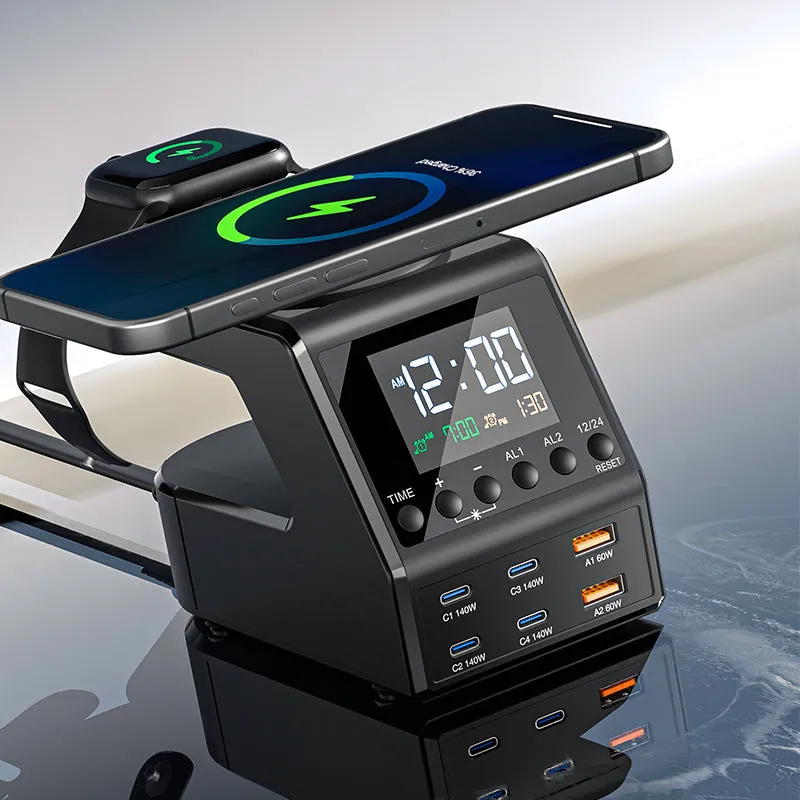 240W 10-in-1 GaN Multi-Function Smart Charging Station and Digital Clock 4 USB Type C 2 USB 2 Wireless Charging Digital Clock