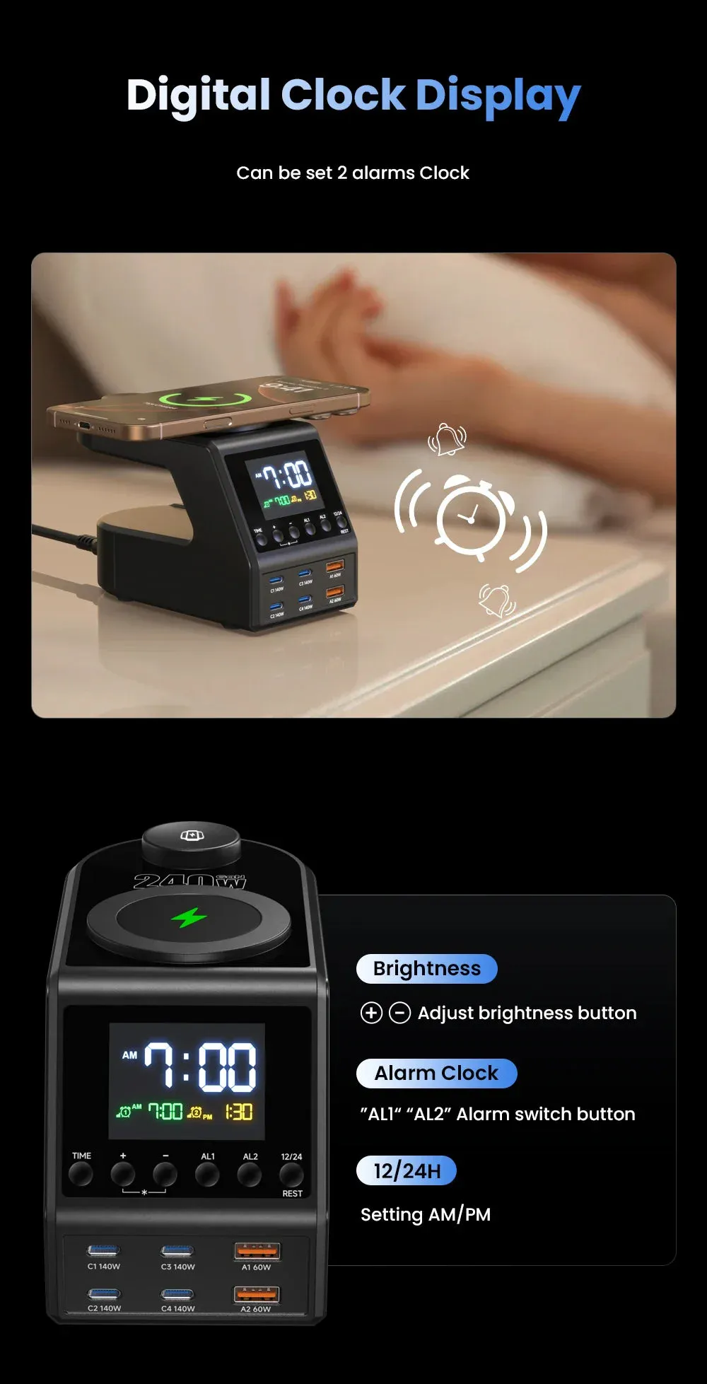 240W 10-in-1 GaN Multi-Function Smart Charging Station and Digital Clock 4 USB Type C 2 USB 2 Wireless Charging Digital Clock