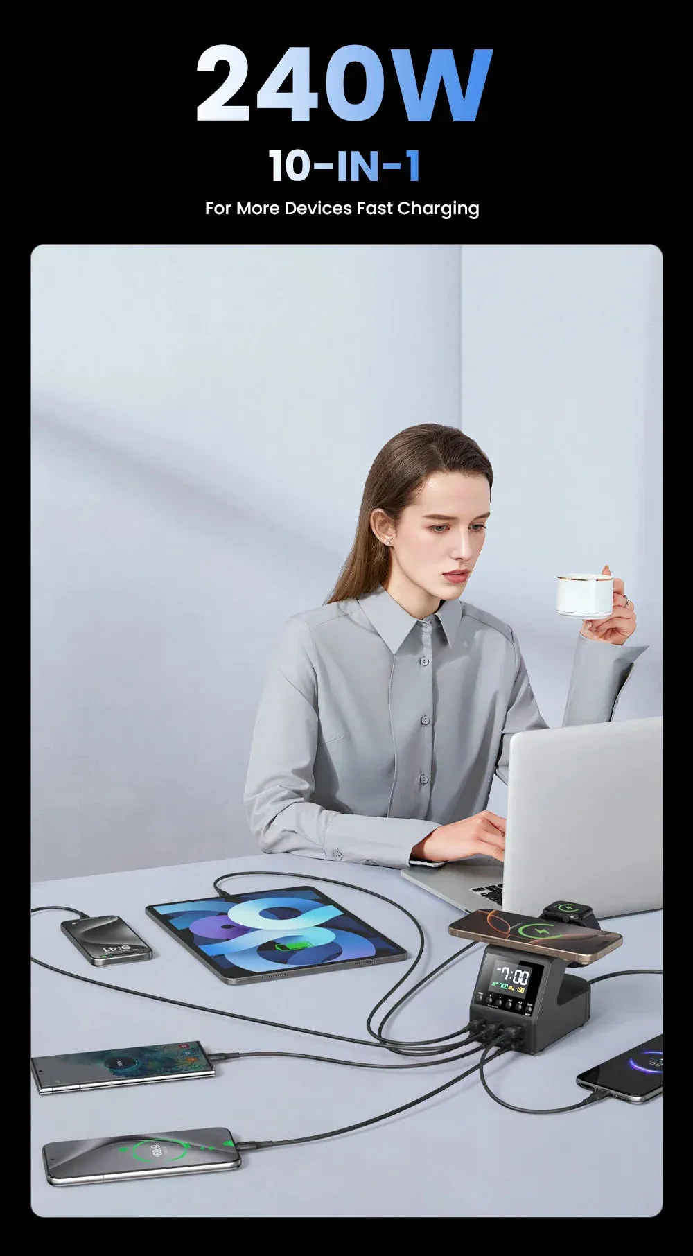 240W 10-in-1 GaN Multi-Function Smart Charging Station and Digital Clock 4 USB Type C 2 USB 2 Wireless Charging Digital Clock