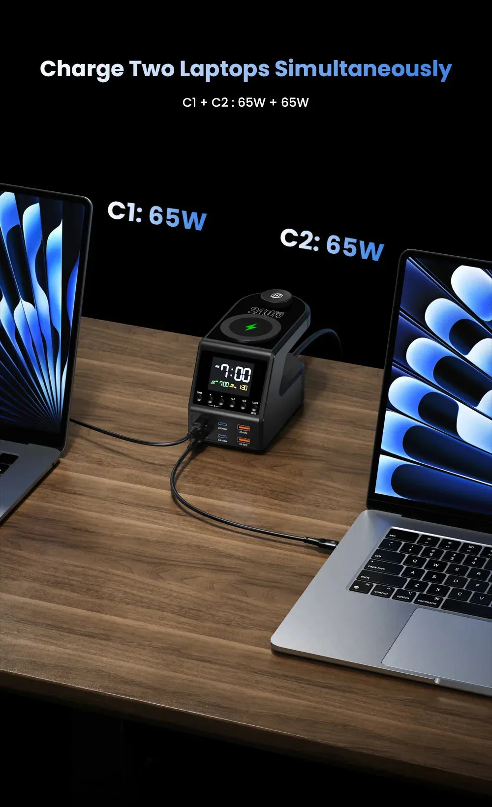 240W 10-in-1 GaN Multi-Function Smart Charging Station and Digital Clock 4 USB Type C 2 USB 2 Wireless Charging Digital Clock