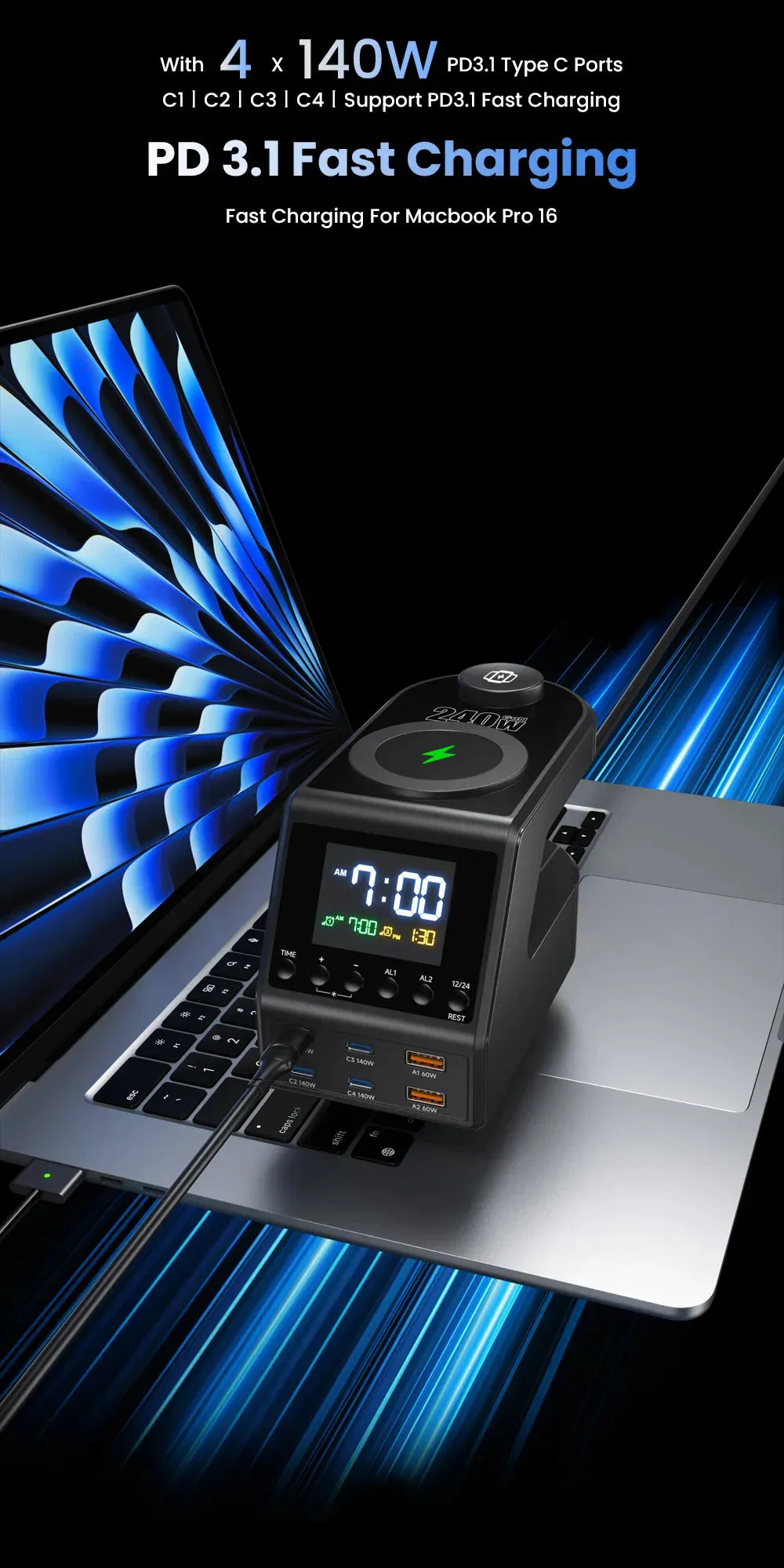 240W 10-in-1 GaN Multi-Function Smart Charging Station and Digital Clock 4 USB Type C 2 USB 2 Wireless Charging Digital Clock