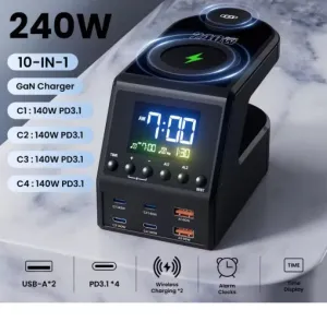 240W 10-in-1 GaN Multi-Function Smart Charging Station and Digital Clock 4 USB Type C 2 USB 2 Wireless Charging Digital Clock