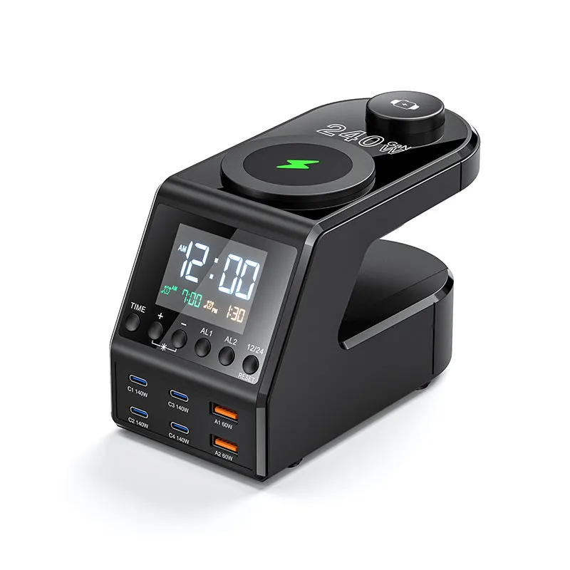 240W 10-in-1 GaN Multi-Function Smart Charging Station and Digital Clock 4 USB Type C 2 USB 2 Wireless Charging Digital Clock