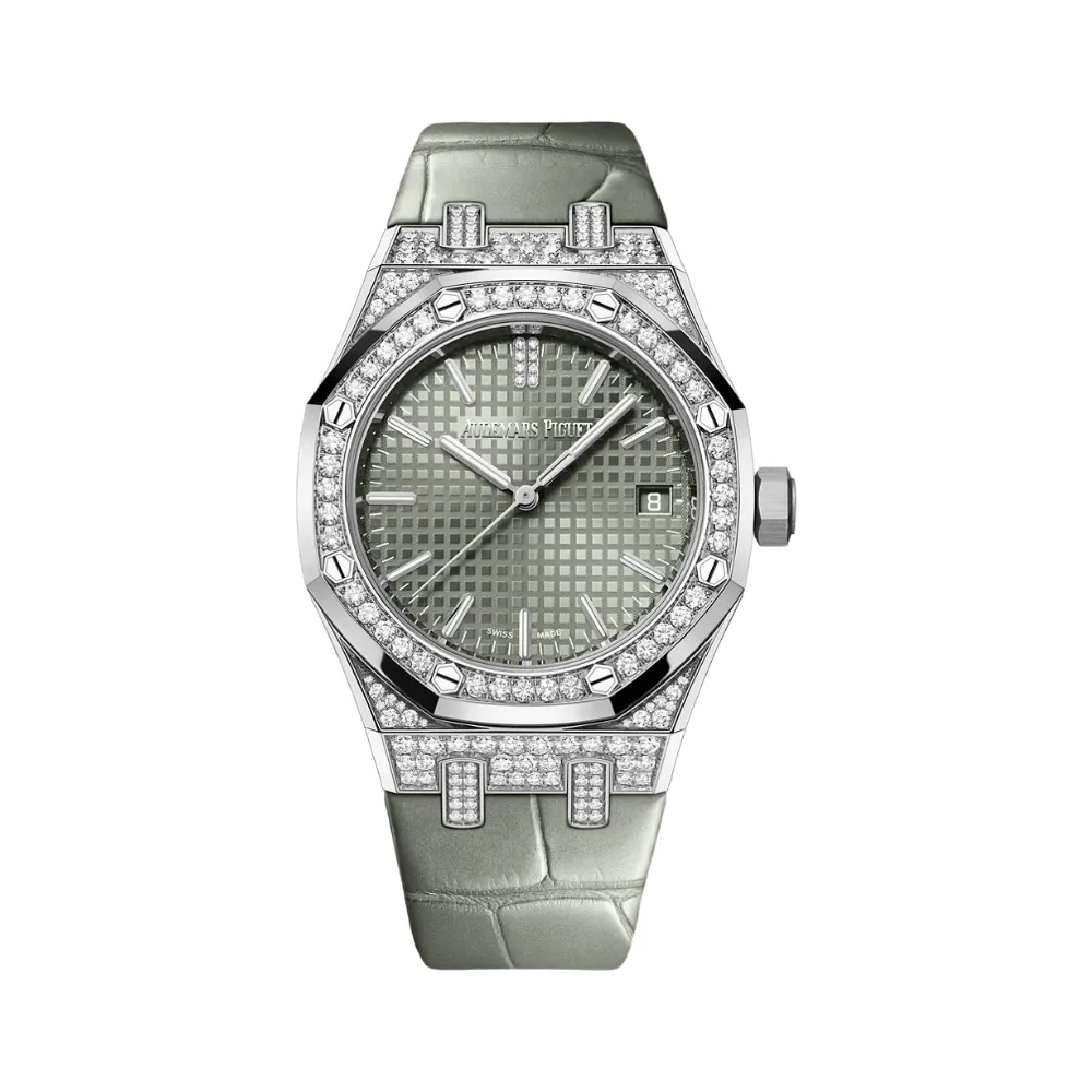 A&P Luxury Watches Royal Oak 15551BC.ZZ.D405CR.01 Diamond Bezel Diamond and White Gold Case Green Dial