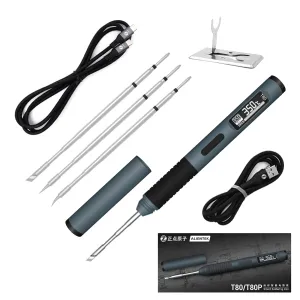 ALIENTEK Soldering Iron Kit, PD/QC 100W Mini Digital Soldering Iron 176-842℉ Fast Heating T80/T80P,Type-C Portable Digital OLED Screen Display, Auto Sleep (T80 C2C 3 type tips)