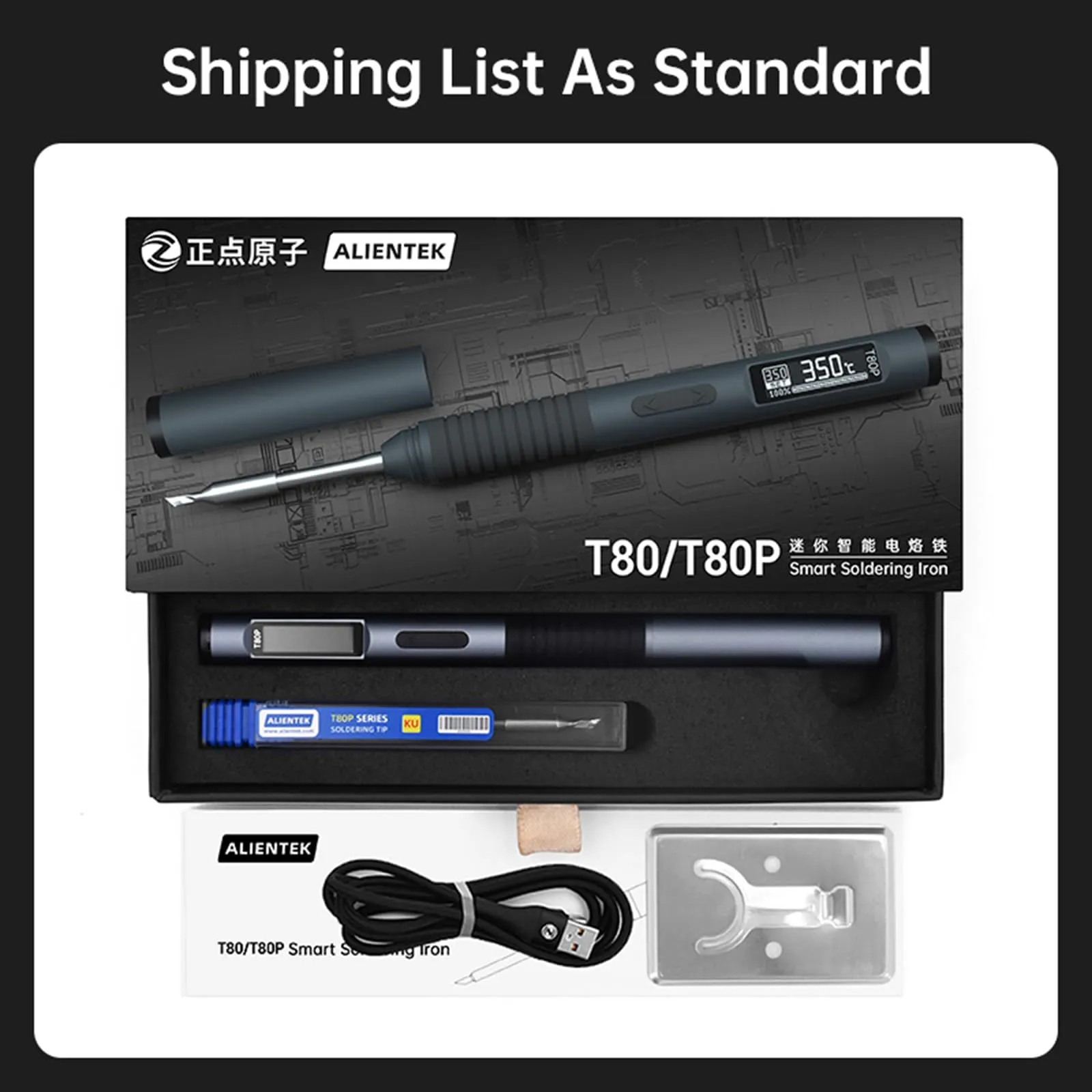 ALIENTEK Soldering Iron Kit, PD/QC 100W Mini Digital Soldering Iron 176-842℉ Fast Heating T80/T80P,Type-C Portable Digital OLED Screen Display, Auto Sleep (T80 C2C 3 type tips)