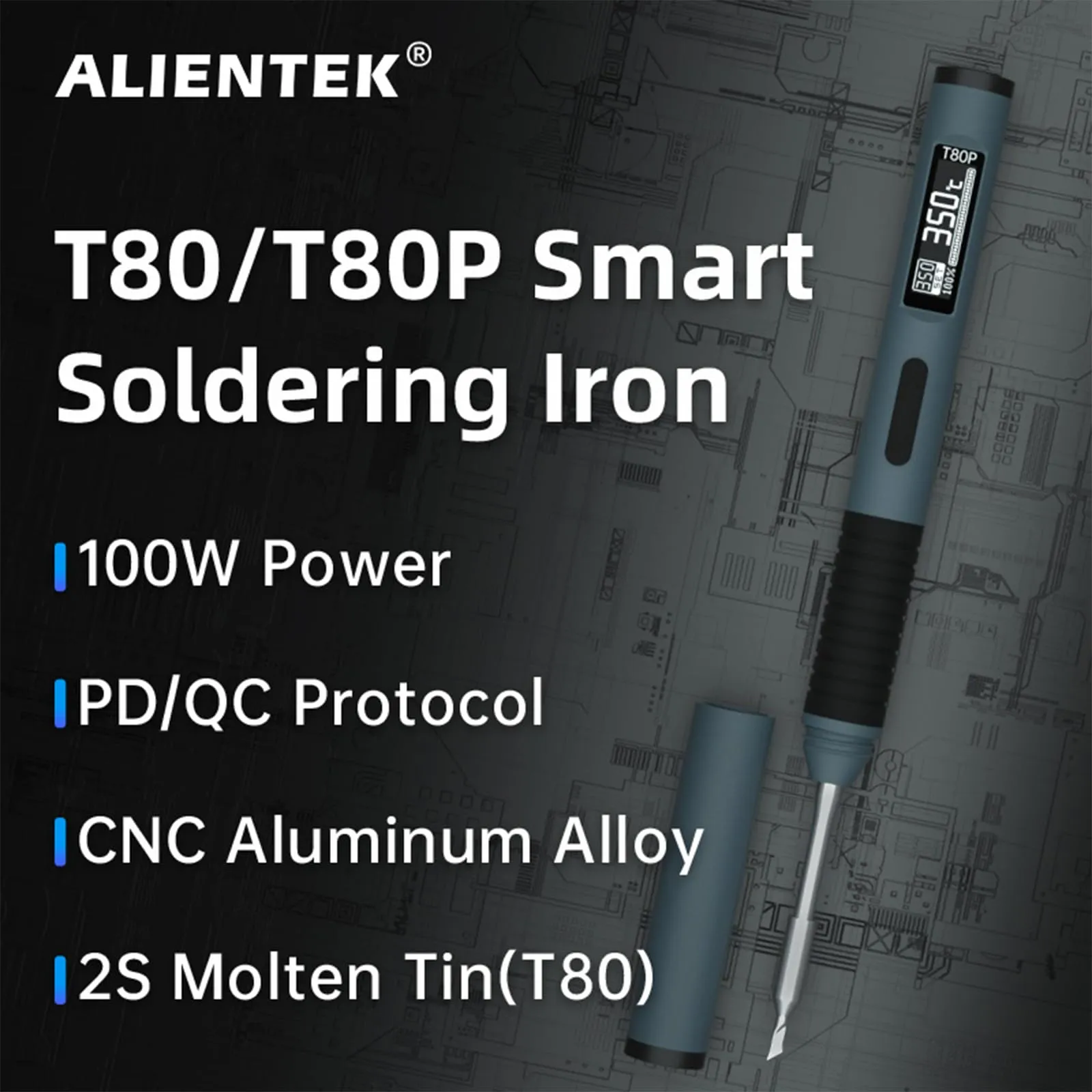 ALIENTEK Soldering Iron Kit, PD/QC 100W Mini Digital Soldering Iron 176-842℉ Fast Heating T80/T80P,Type-C Portable Digital OLED Screen Display, Auto Sleep (T80 C2C 3 type tips)