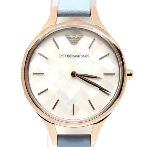 Armani Ladies Watch Bronze PlatedÂ With White MOP Logo Pattern Dial &Â Sky Blue Leather Strap