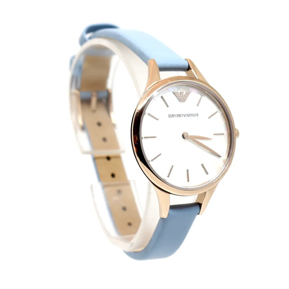 Armani Ladies Watch Bronze PlatedÂ With White MOP Logo Pattern Dial &Â Sky Blue Leather Strap