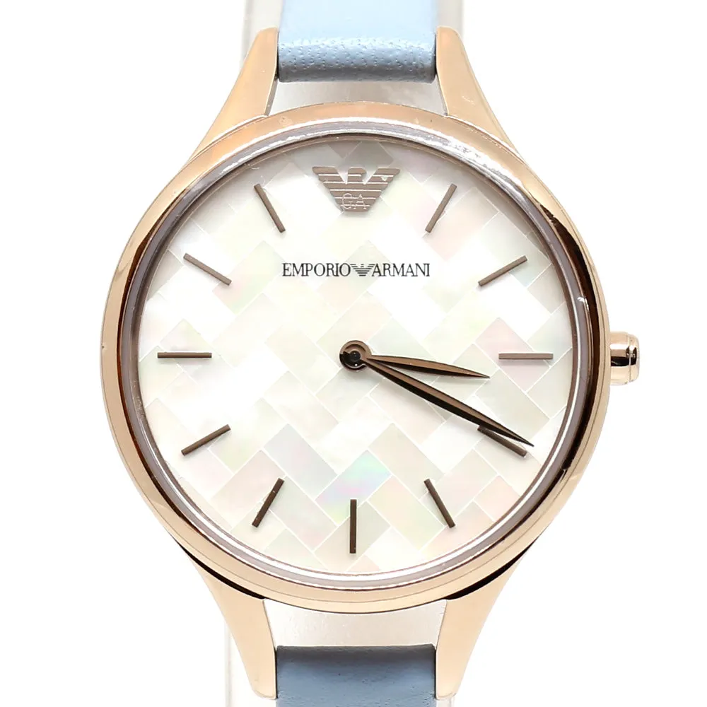Armani Ladies Watch Bronze PlatedÂ With White MOP Logo Pattern Dial &Â Sky Blue Leather Strap