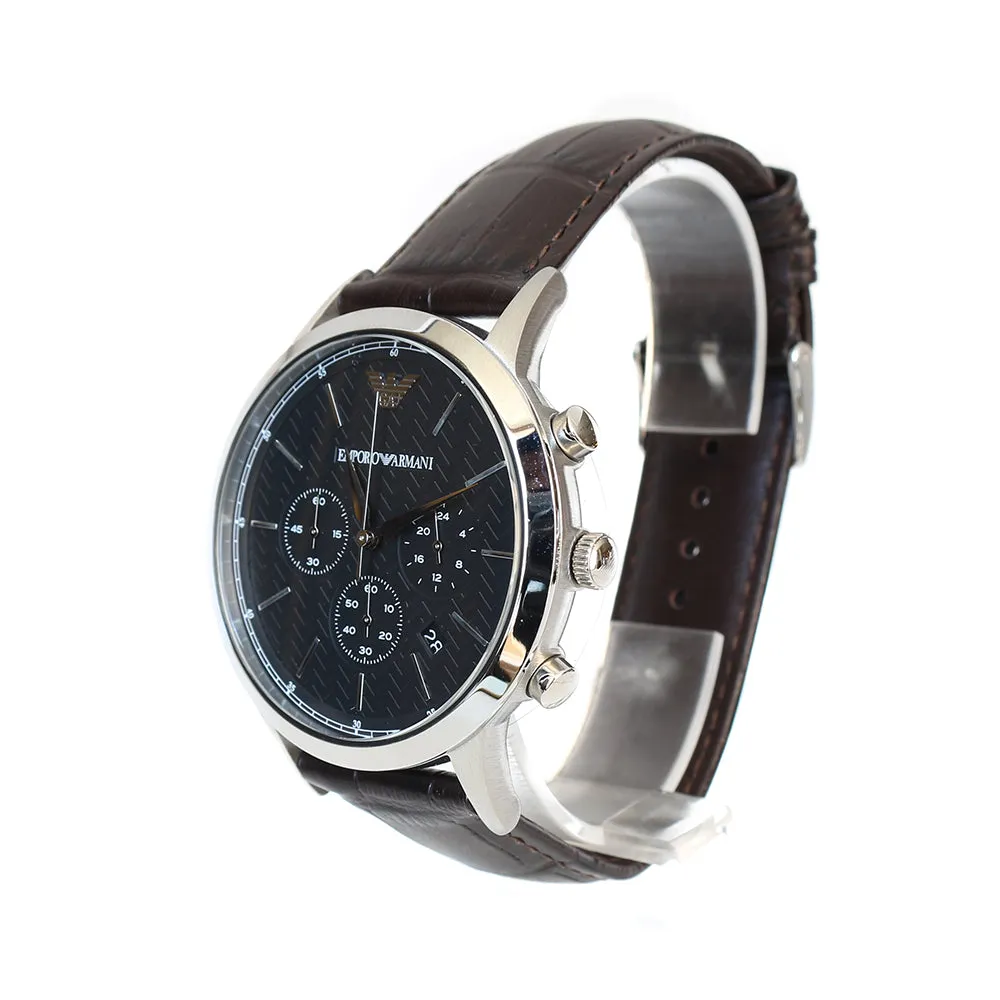 Armani Men's Watch Chronograph Matt-Finished Stainless Steel Case With Black Logo Pattern Dial