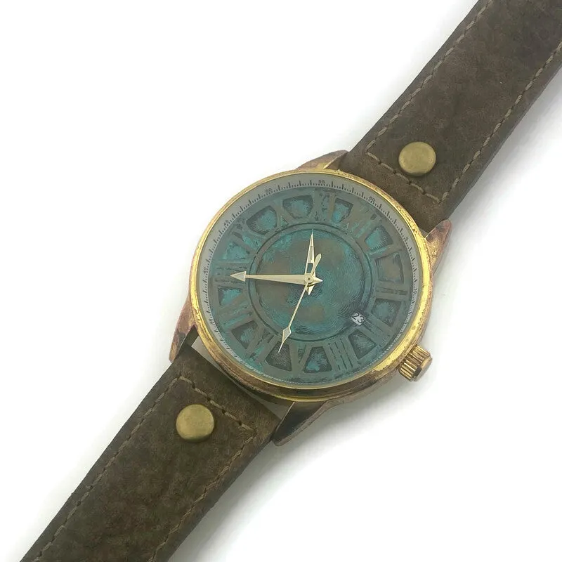 Automatic Mechanical Watch With Date, Blue Dial with  Brown  Leather Band