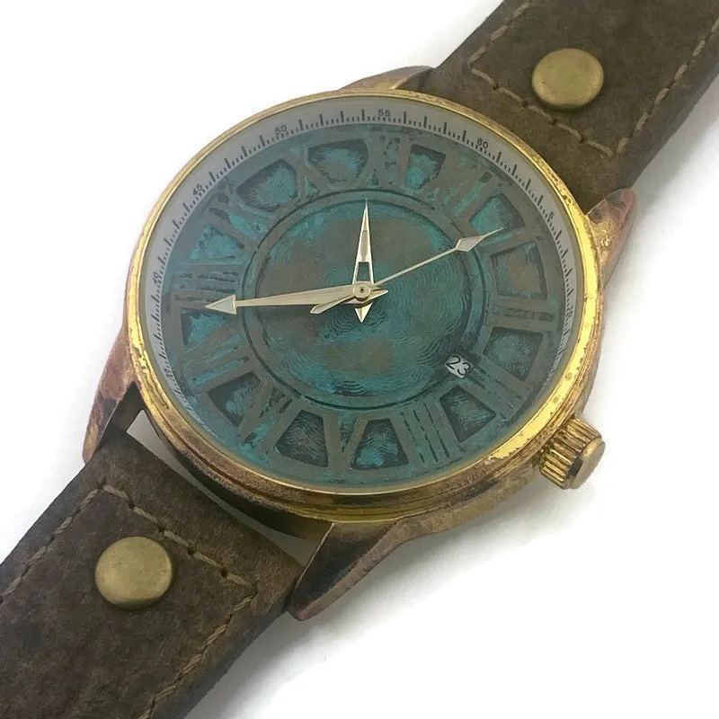 Automatic Mechanical Watch With Date, Blue Dial with  Brown  Leather Band