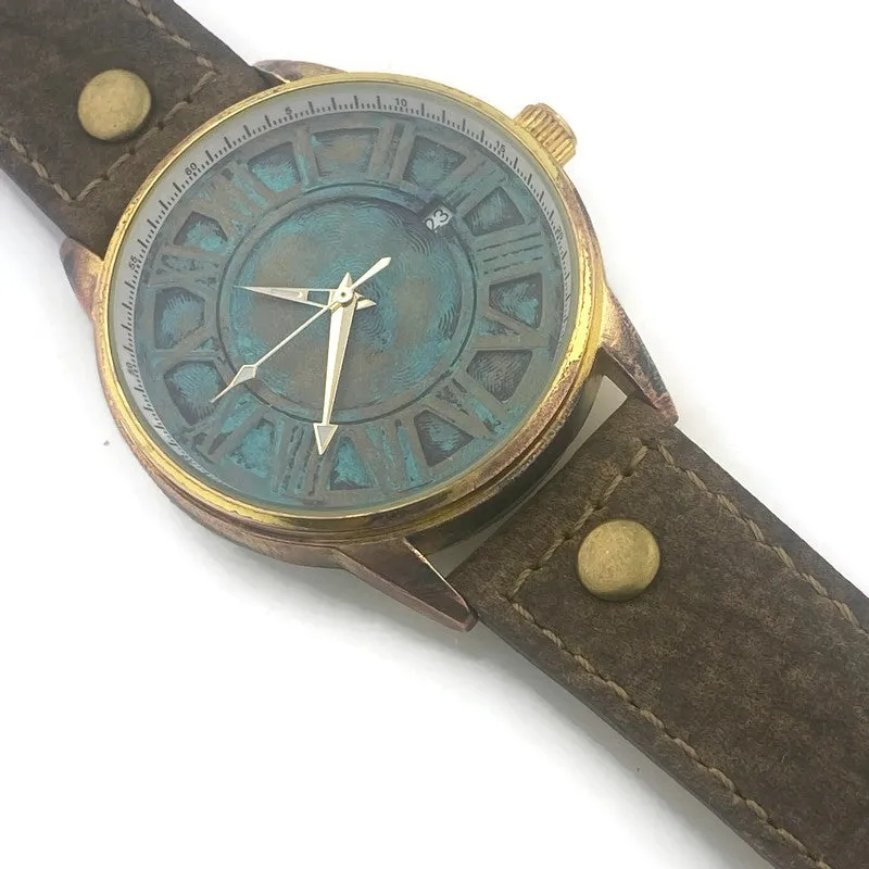 Automatic Mechanical Watch With Date, Blue Dial with  Brown  Leather Band