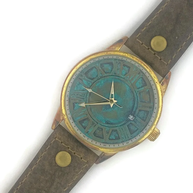 Automatic Mechanical Watch With Date, Blue Dial with  Brown  Leather Band
